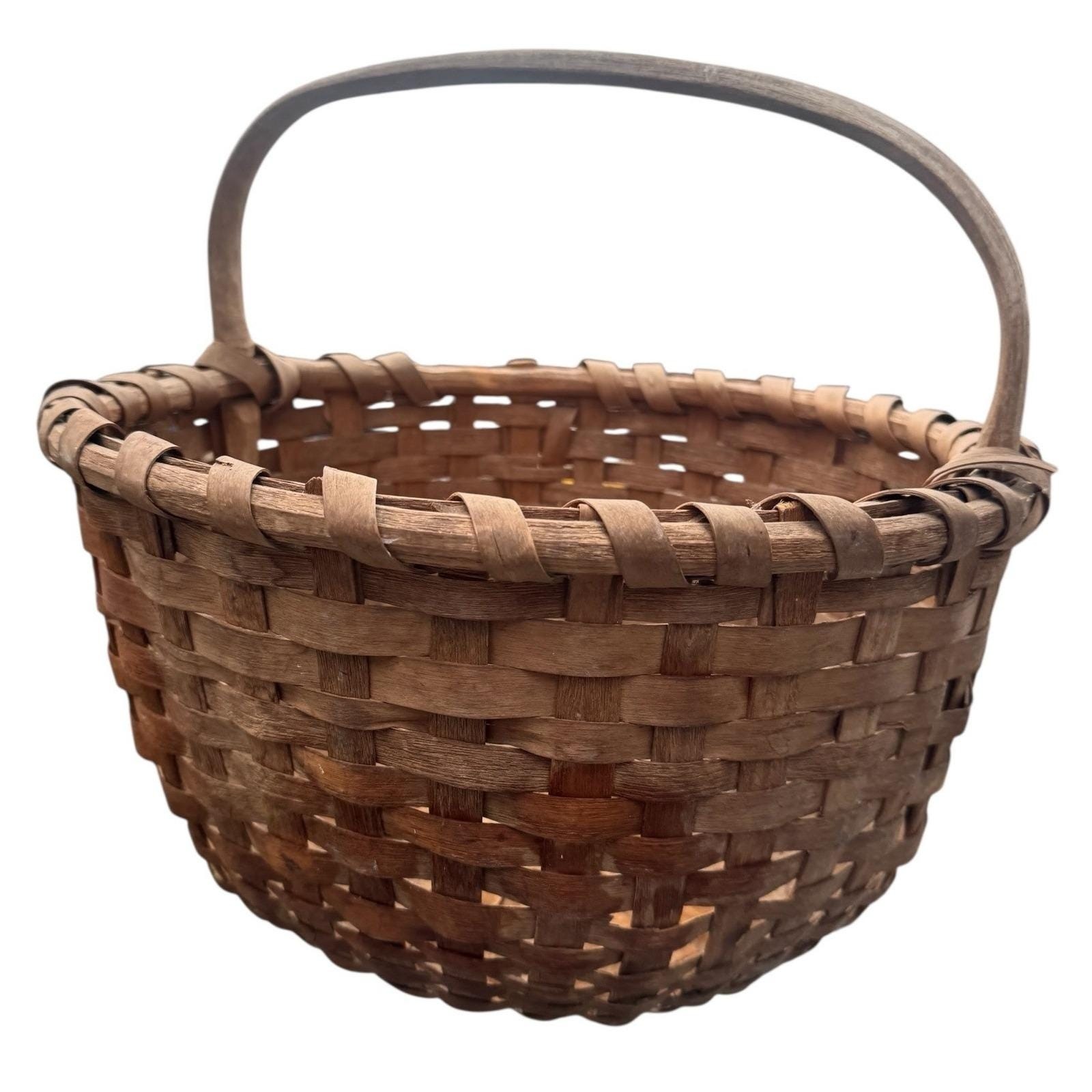 Vintage Primitive Hand Woven Splint Wood Gathering Basket Fixed Handle Brown