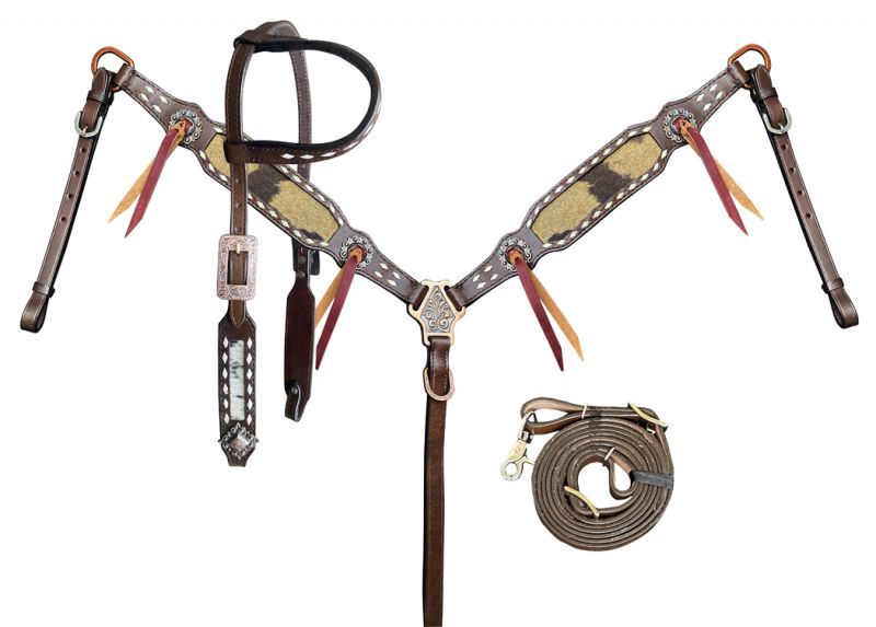 Hair On Cowhide Inlay One Ear Headstall & Breast Collar & Rein NEW