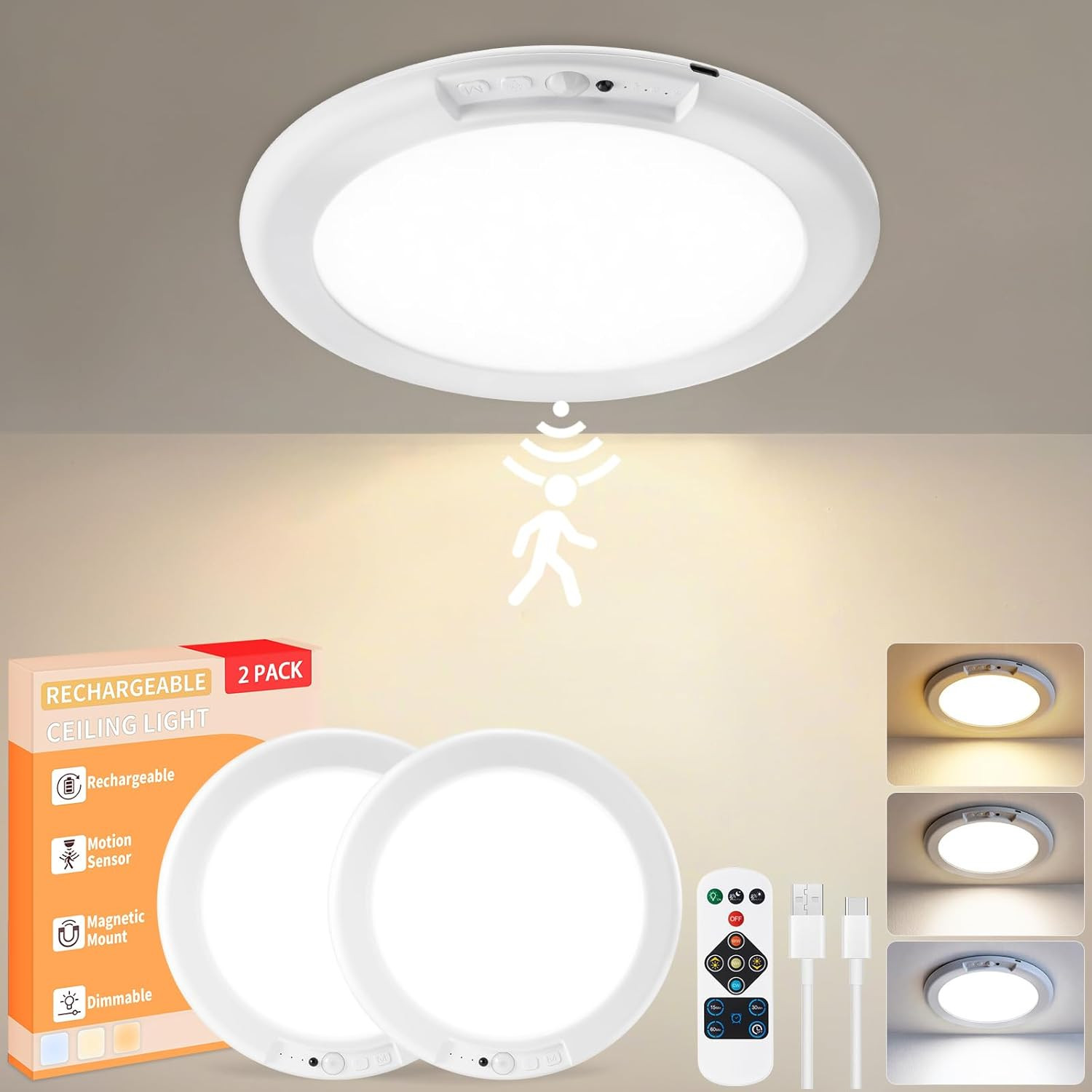 Rechargeable Ceiling Light 2Pack, 3 Color Motion Sensor Lights with Remote, Wire