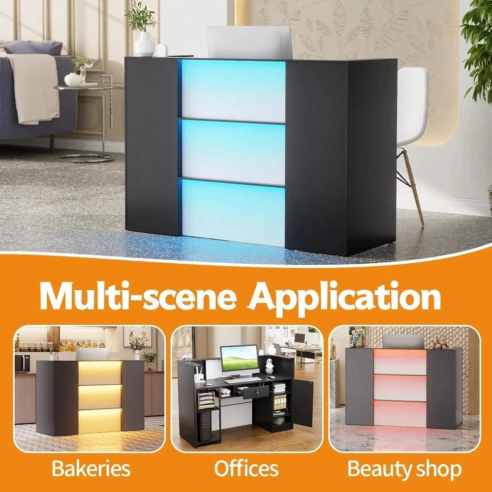 Modern Reception Desk with LED Lights 63 Inches Front Counter Table with Drawer