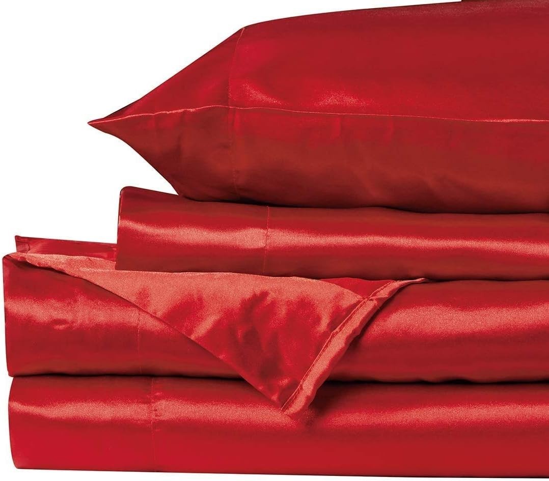 Machine Washable 4pc Red Satin Deep Pocket King Sheet Set - Effortless Elegance