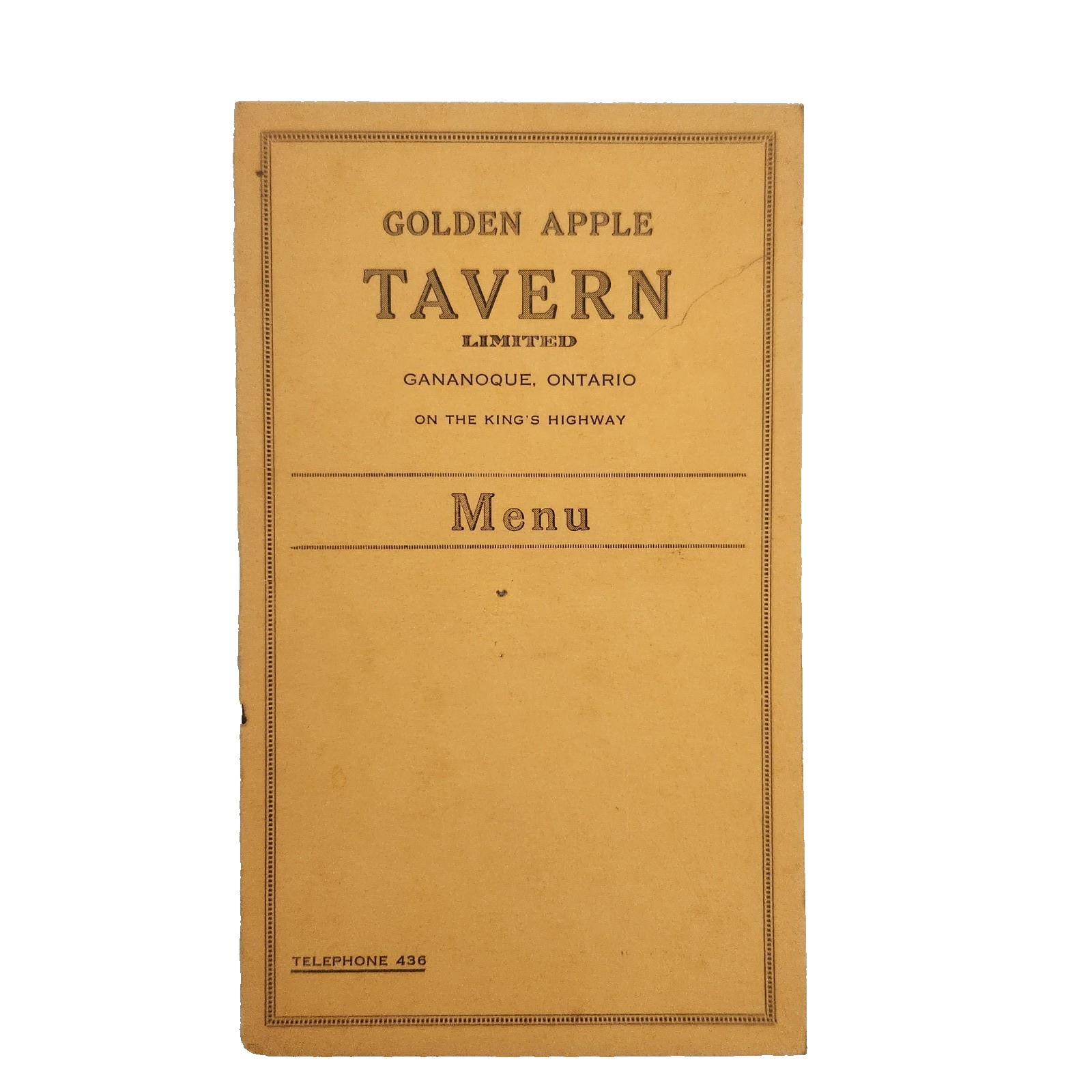 Golden Apple Tavern Vintage Menu Apple Tree Cottage Gananoque Ontario King's Hwy