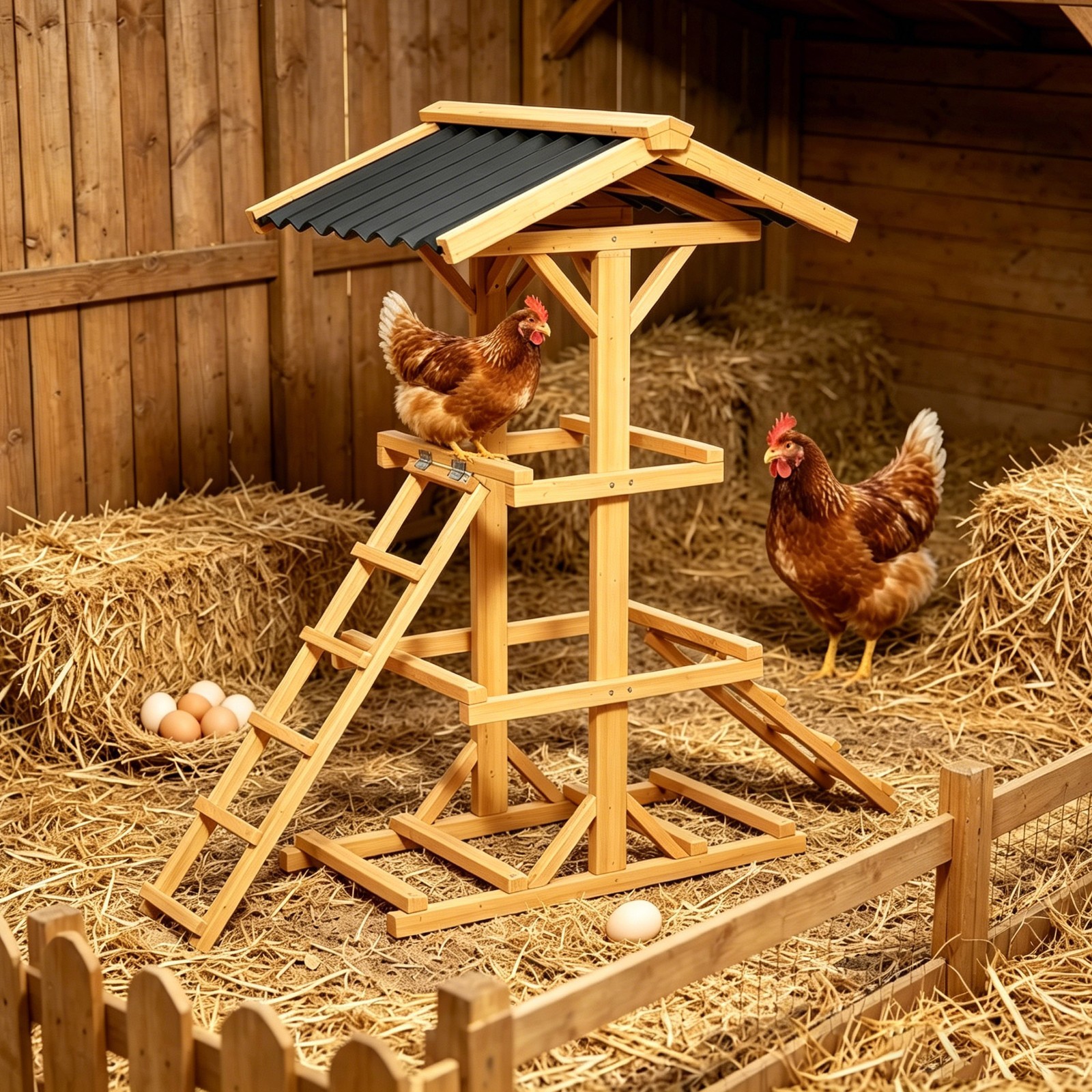 Weatherproof Chicken Coop Perch,Backyard Chicken Roosting Bars  w/Roof,2 Ladders