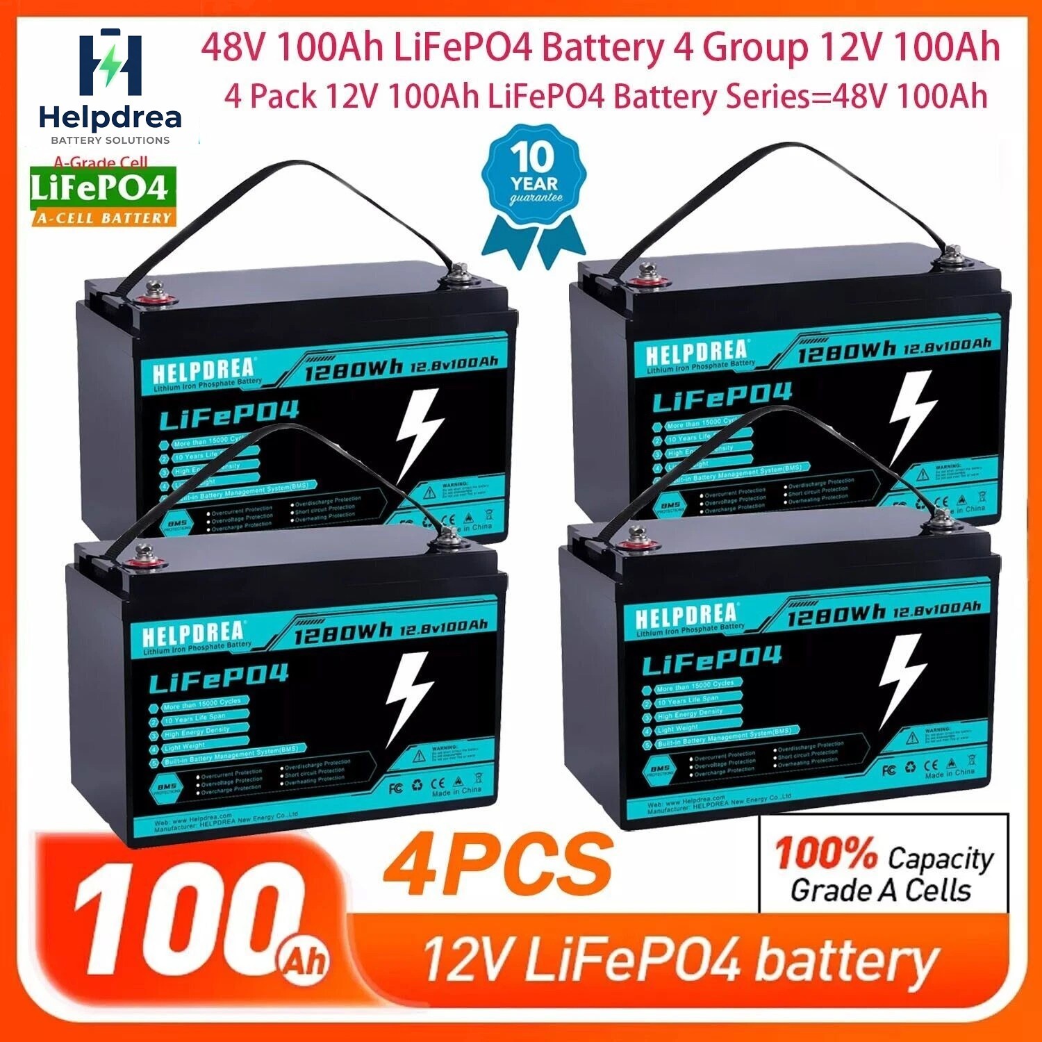 48V 100Ah Lithium Golf Cart Battery LiFePO4 Deep Cycle 4Group 12V 100Ah Solar RV