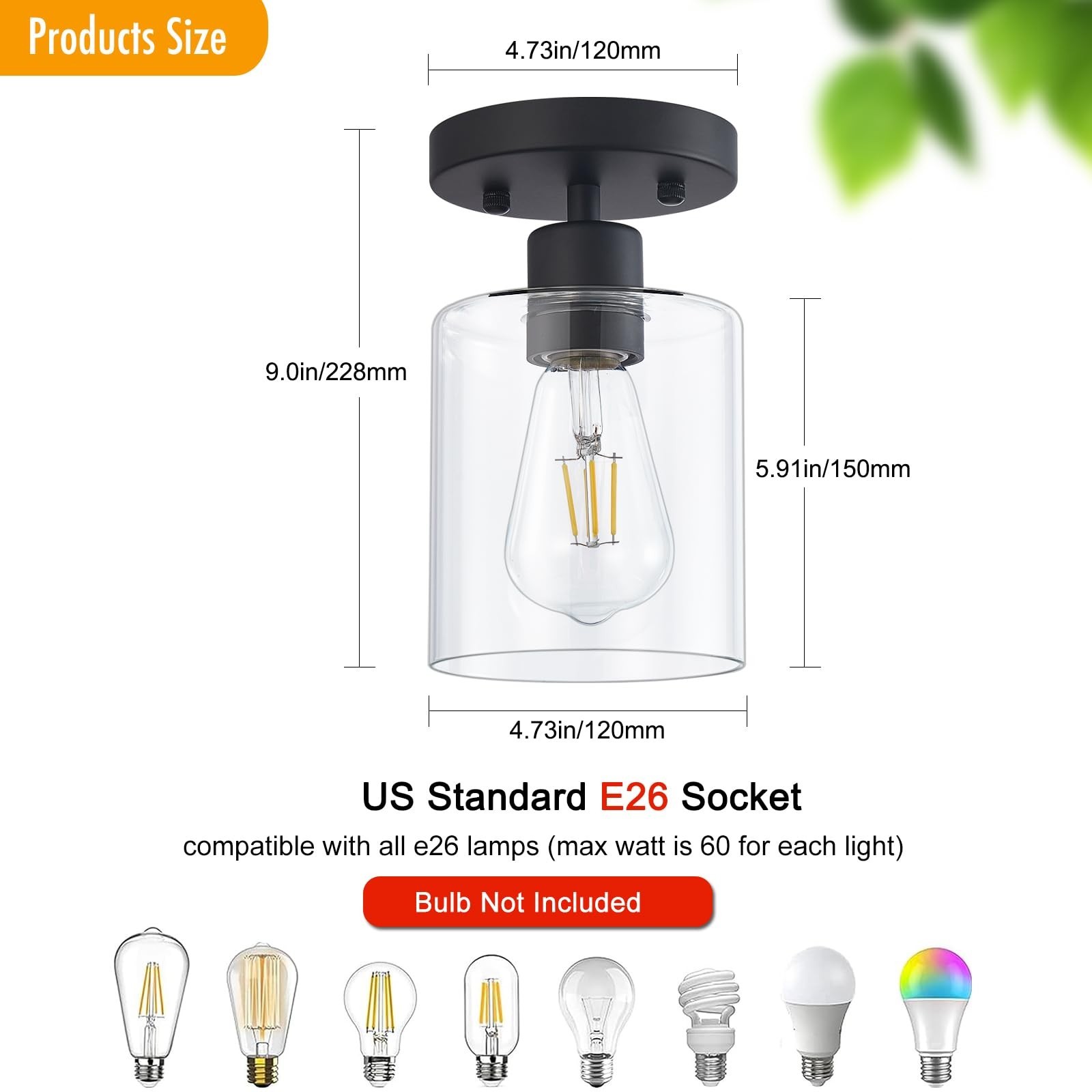 Black Semi Flush Mount Ceiling Light, 1-Light Ceiling Light Fixtures, Farmhou...