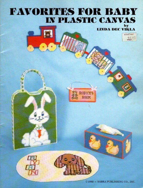 VTG FAVORITE FOR BABY IN PLASTIC CANVAS TRAIN, BUNNY BAG & MORE