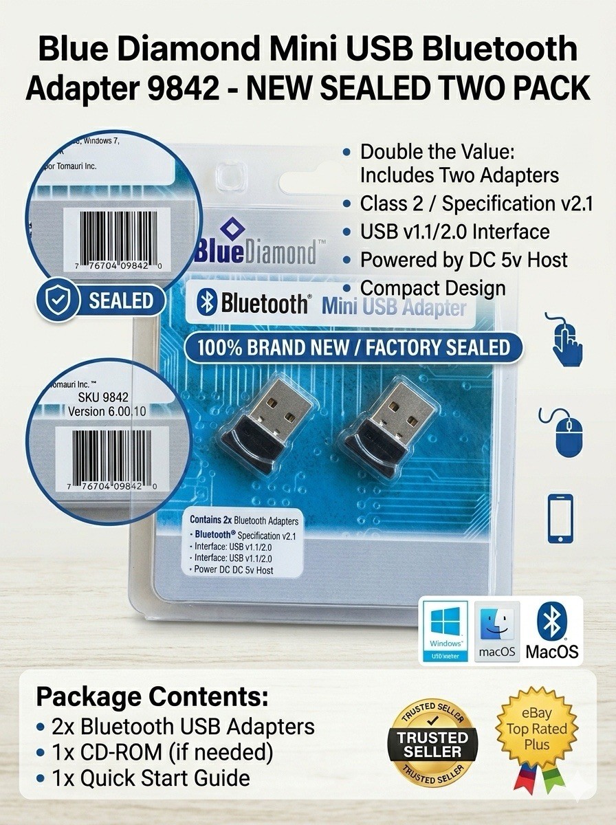 (Lot of 2) Blue Diamond Mini USB Bluetooth Adapter 9842 v2.1 - Brand New💯💯