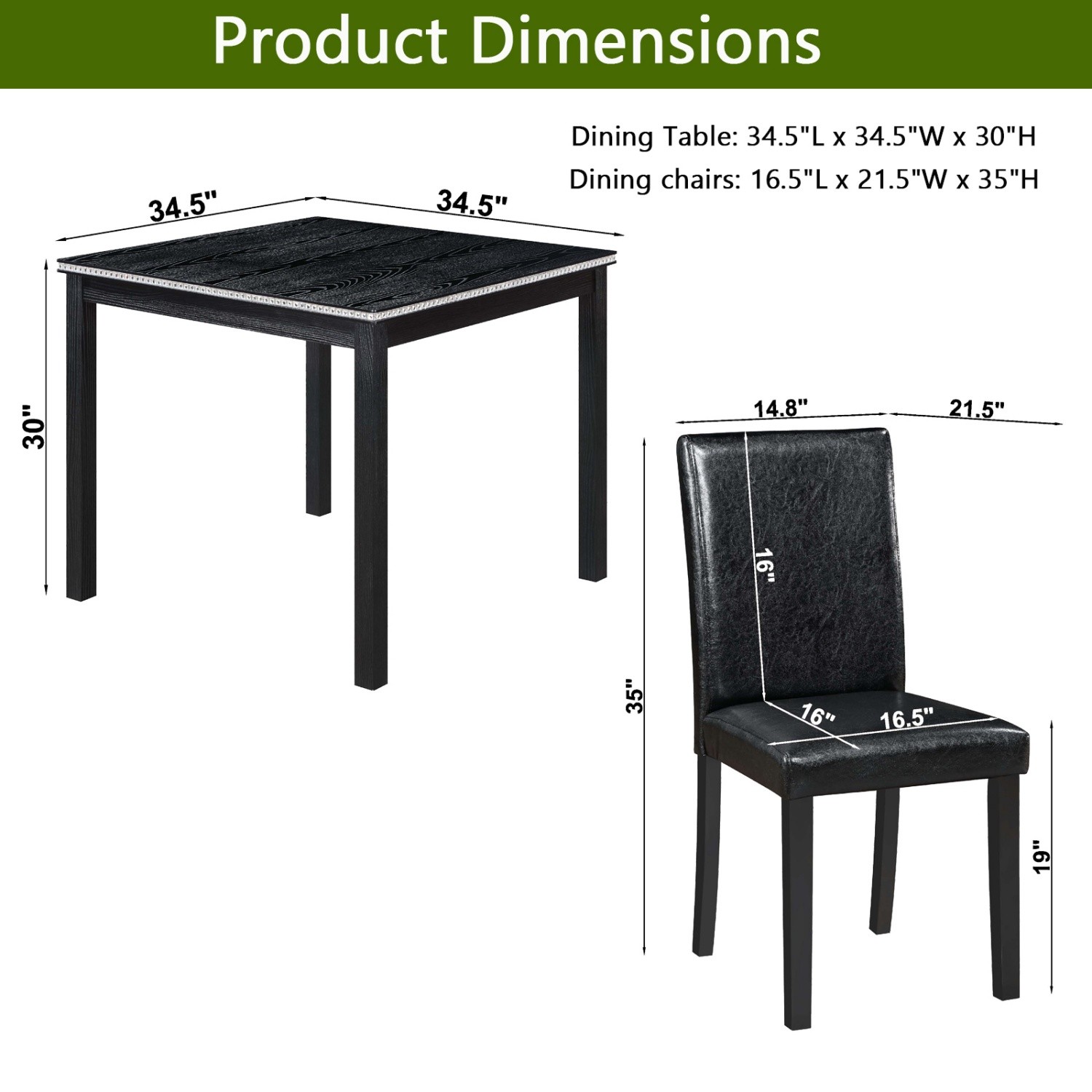 5 Piece Dining Table Set Wood Square Dining Table & 4 PU Upholstered Chair Black