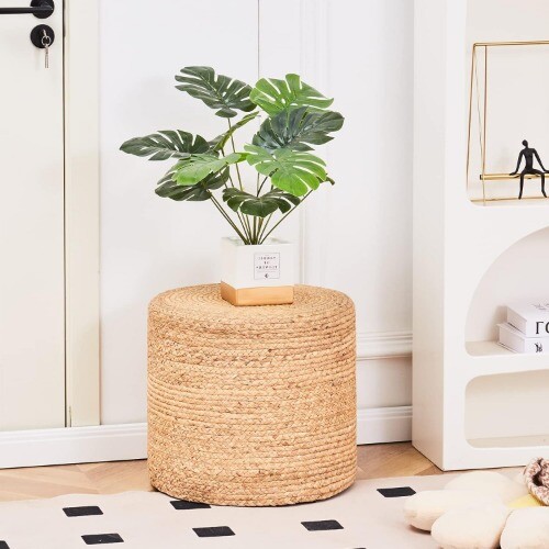 18'' Ottoman Pouf, Natural Braided Poof, Rustic Handweave Lounge Pouffe, Natural