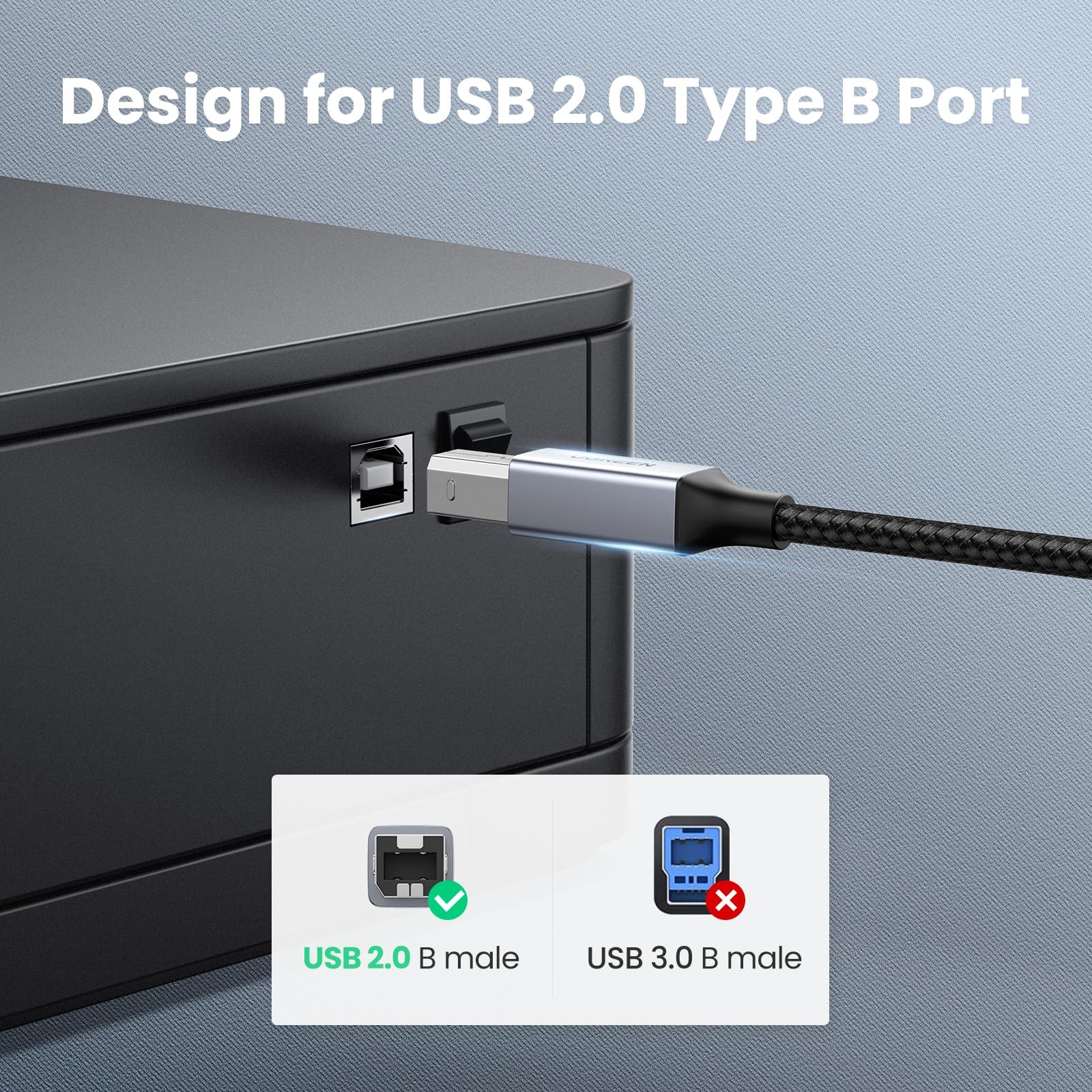 UGREEN USB C Printer Cable - 16 FT Nylon B to C 16 FT, Silver