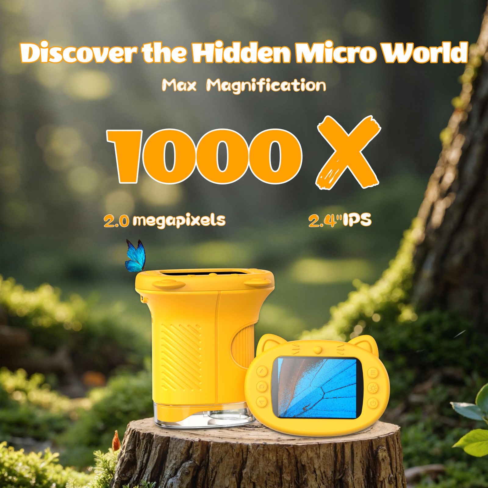 Kids Microscope, 1000X Portable Mini Pocket Microscope with 2.4″ IPS Screen & 8
