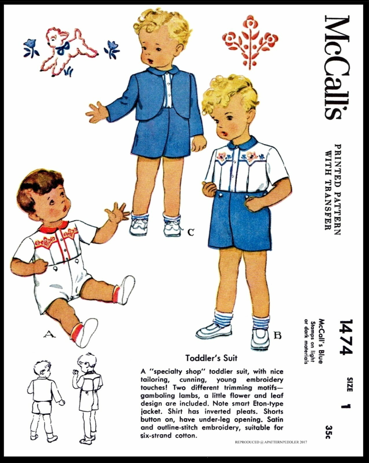 McCall's 1474 Pattern Toddler BOY'S 3pc SUIT Vintage Embroidery
