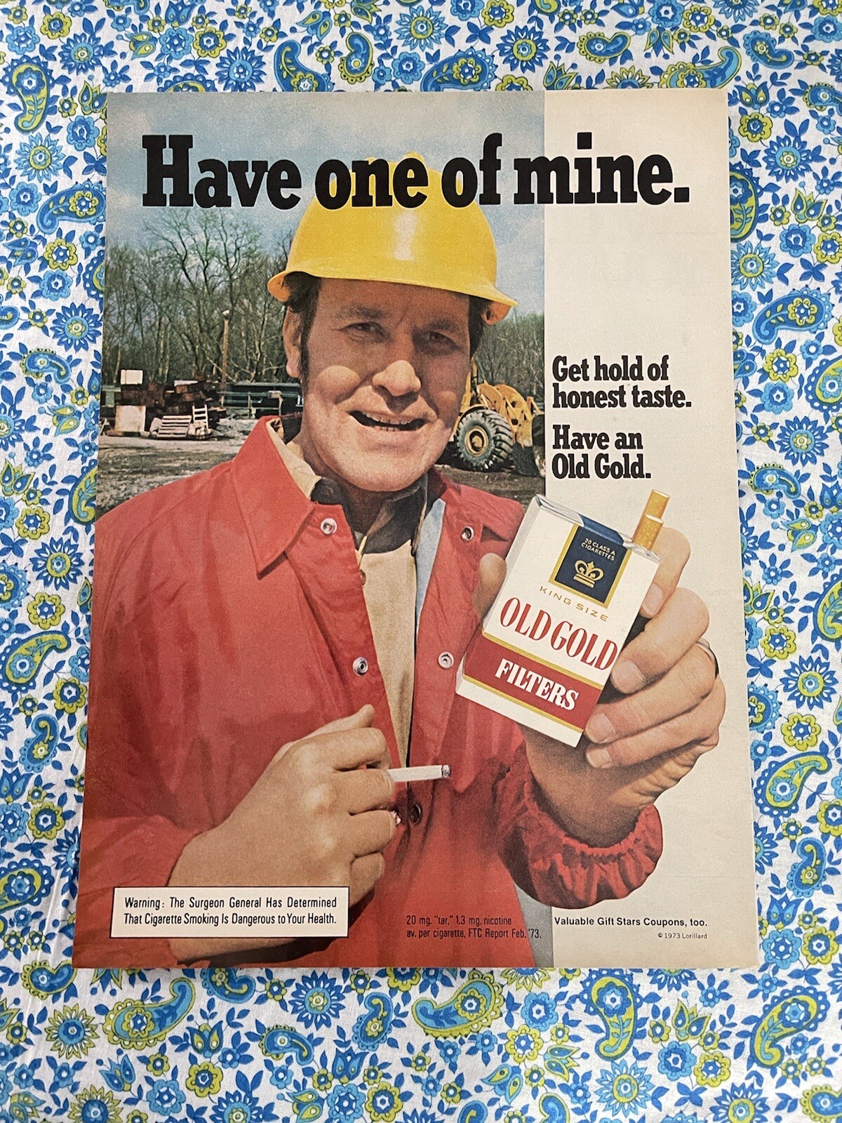 Vintage 1973 Old Gold Cigarettes Print Ad Man Hard Hat Honest Taste