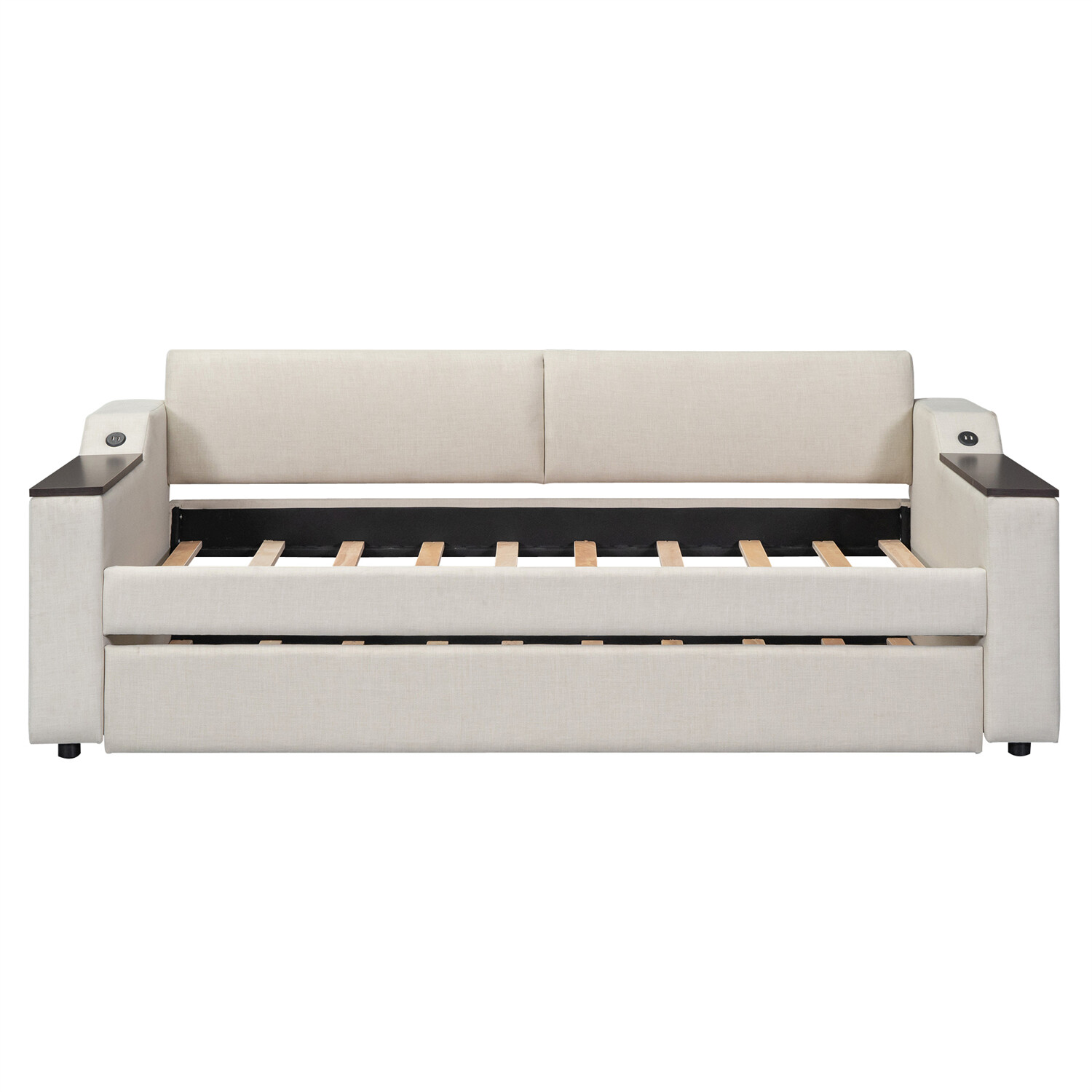 Twin Size Daybed Upholstered Bed Frame Sofa Bed with Trundle Bed Beige