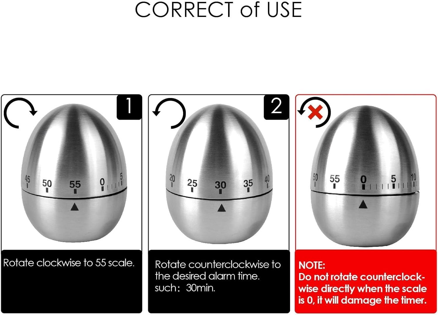 60 Minute Mechanical Kitchen Timer Stainless Steel Egg Shape Silver