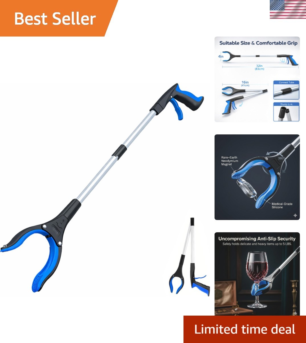 Grabber Reacher Tool - 32” Extra Long Foldable Gripper and Reaching Tool - He...