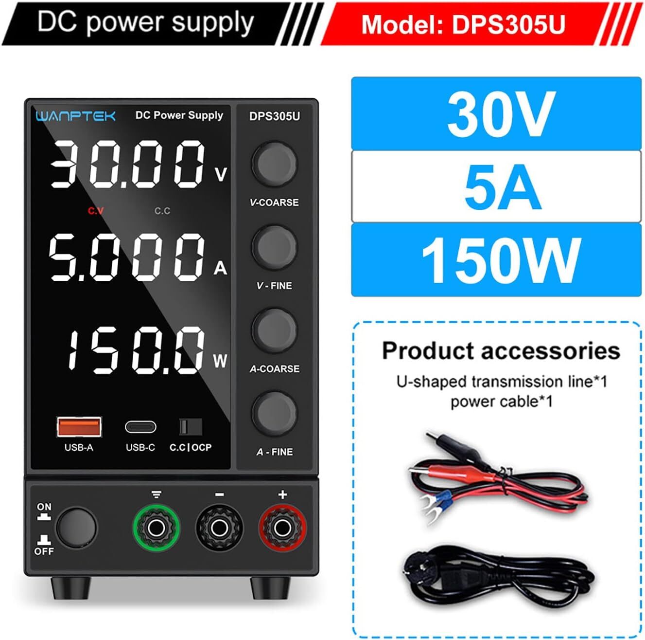Wanptek Adjustable DC 0-30V 0-5A Lab Power Supply Variable Bench Switching