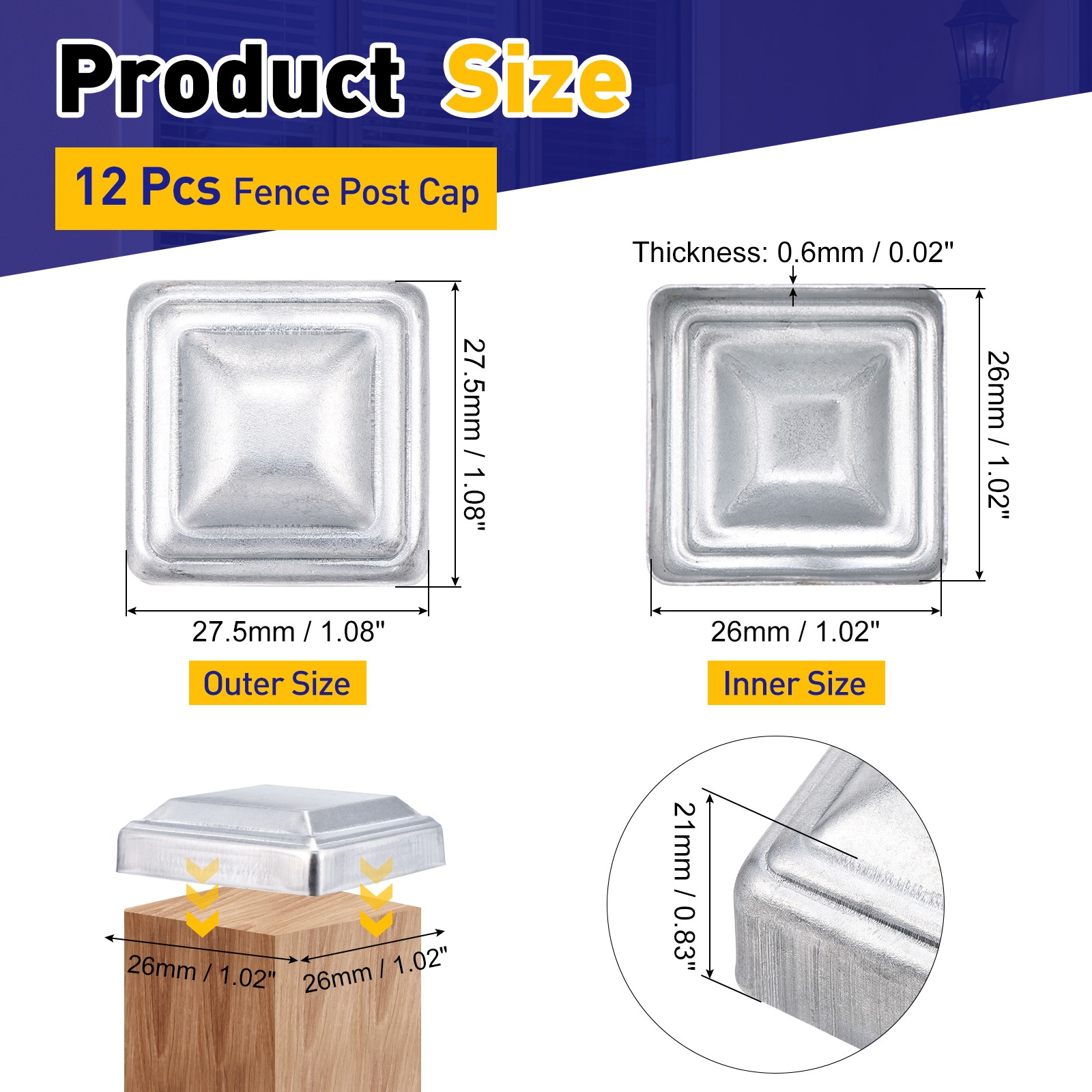 12Pcs Fence Post Cap, Galvanized Deck Post Caps Fit 1" x 1" Pipe, Silver