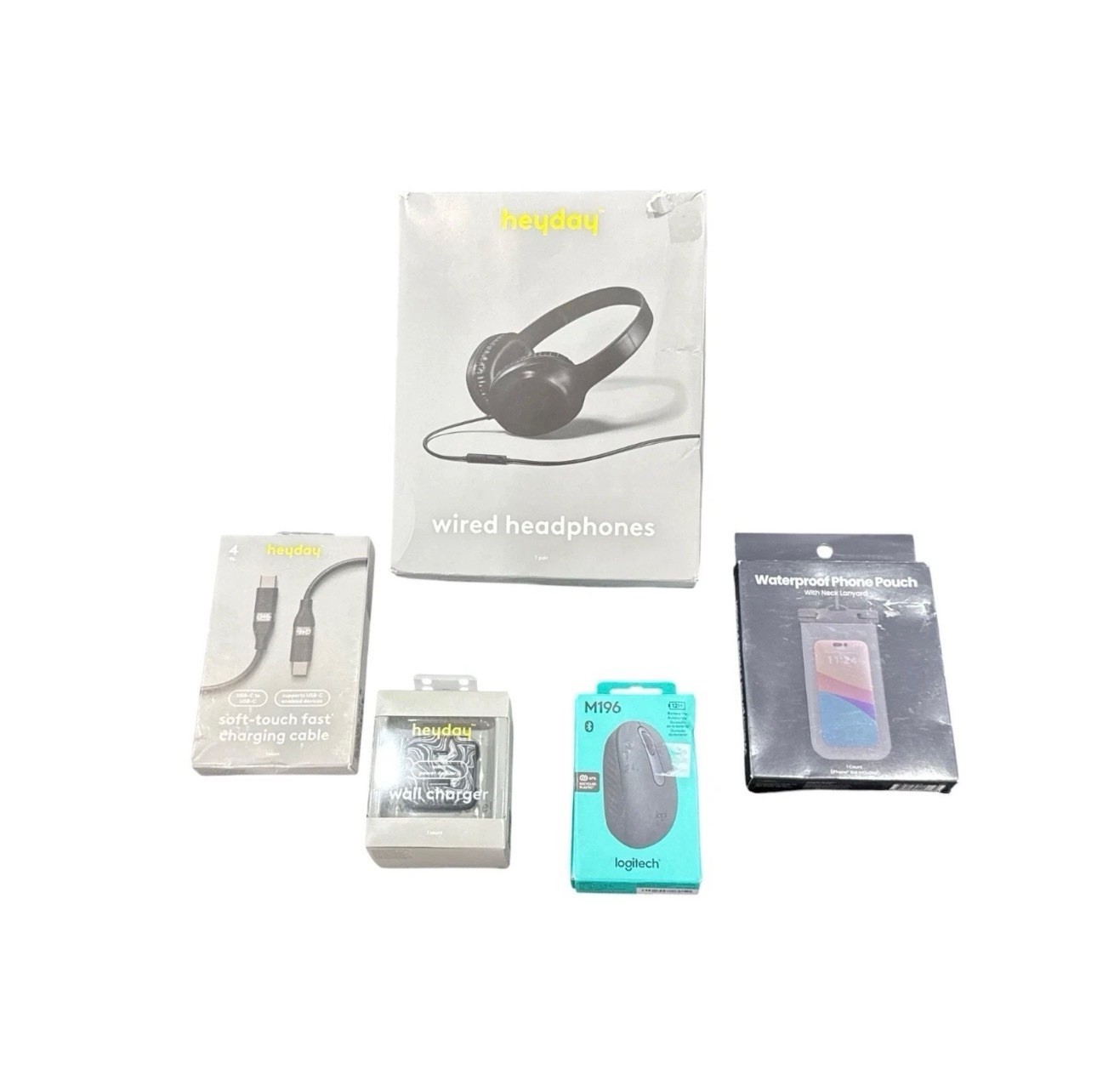 Logitech M196 Bluetooth Wireless Mouse, Heyday Wired Headphones, USB-C Cable, Wa
