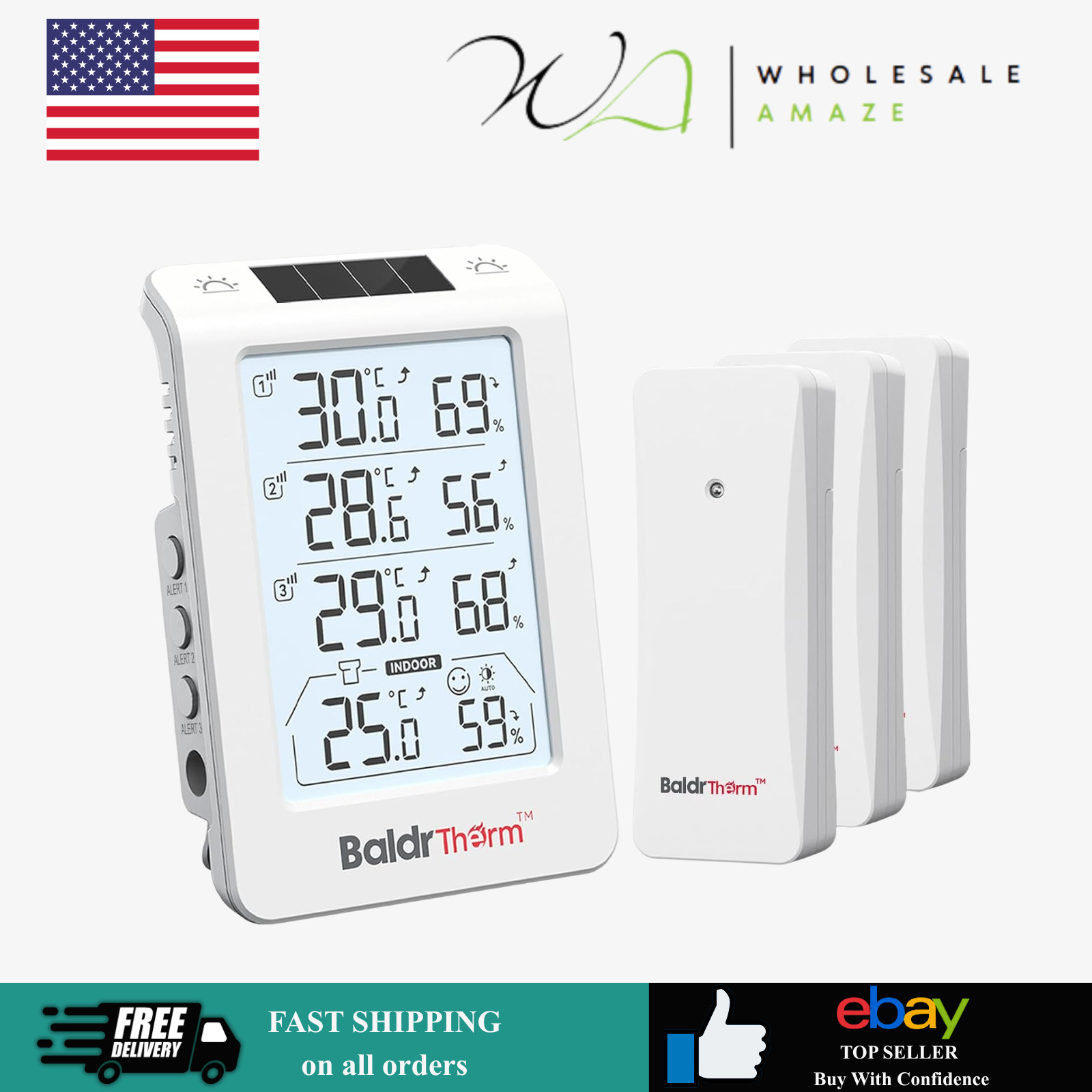 Solar Photosensitive Three Channel Thermo-Hygrometer, Wireless Temperature,White