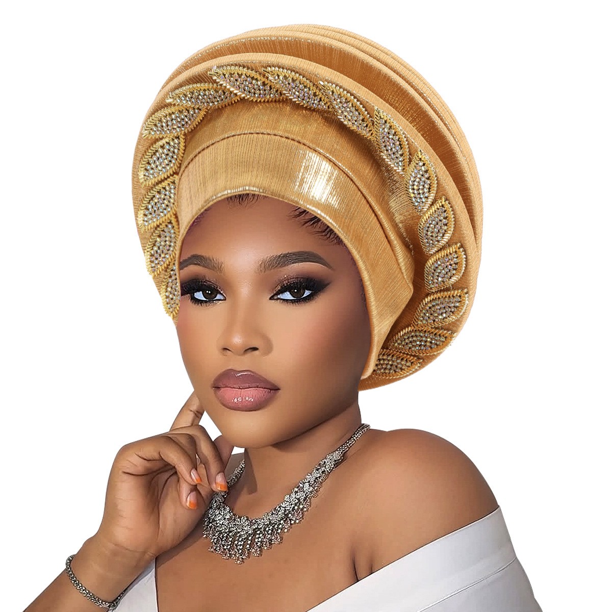African Tradition Auto gele Headtie for Women Rhinestone Headwear Nigerian Cap