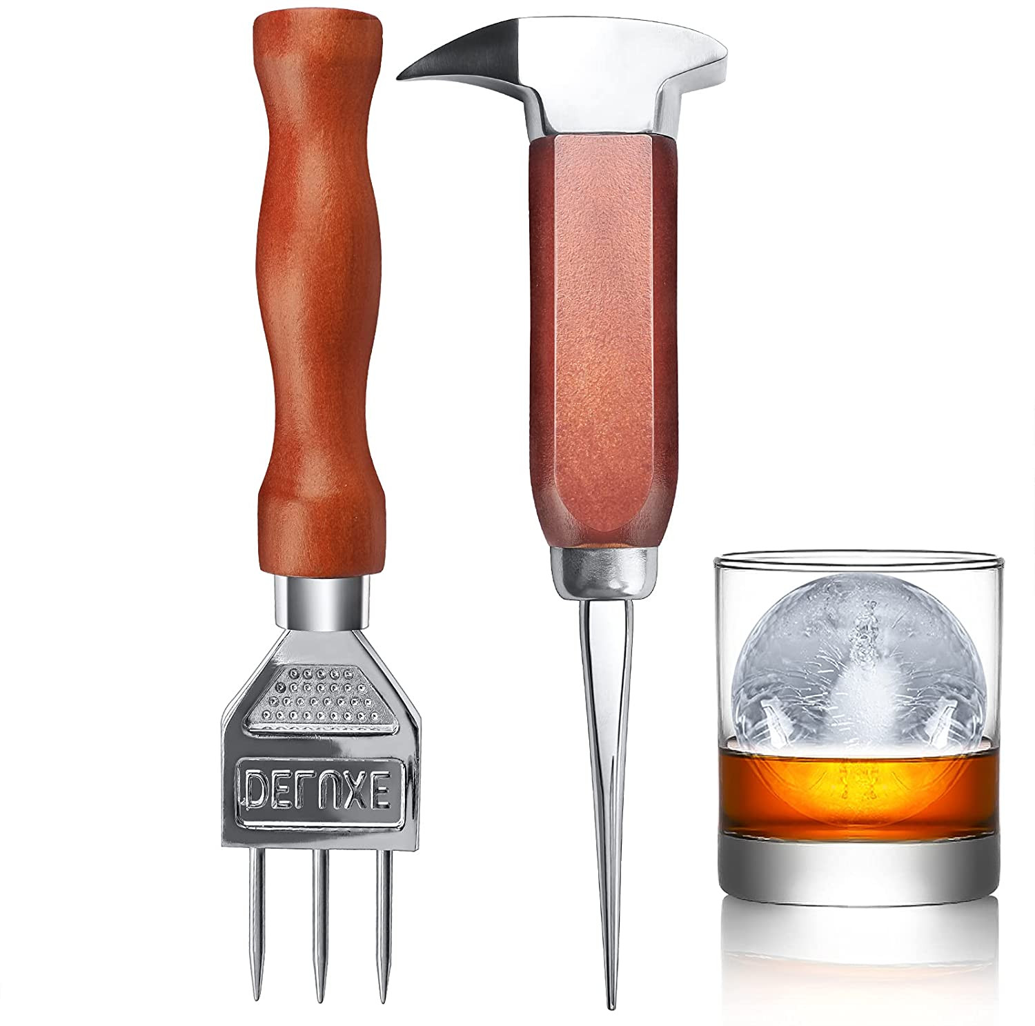 Ice Pick Set of 2-7.24 Inch and 6.8Inch Stainless Steel Ice Crusher with Wood Ha