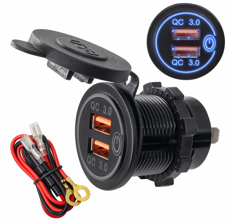 Blue Quick Charge 3.0 Dual USB Car Charger Socket with Touch Switch 12V/24V 36W