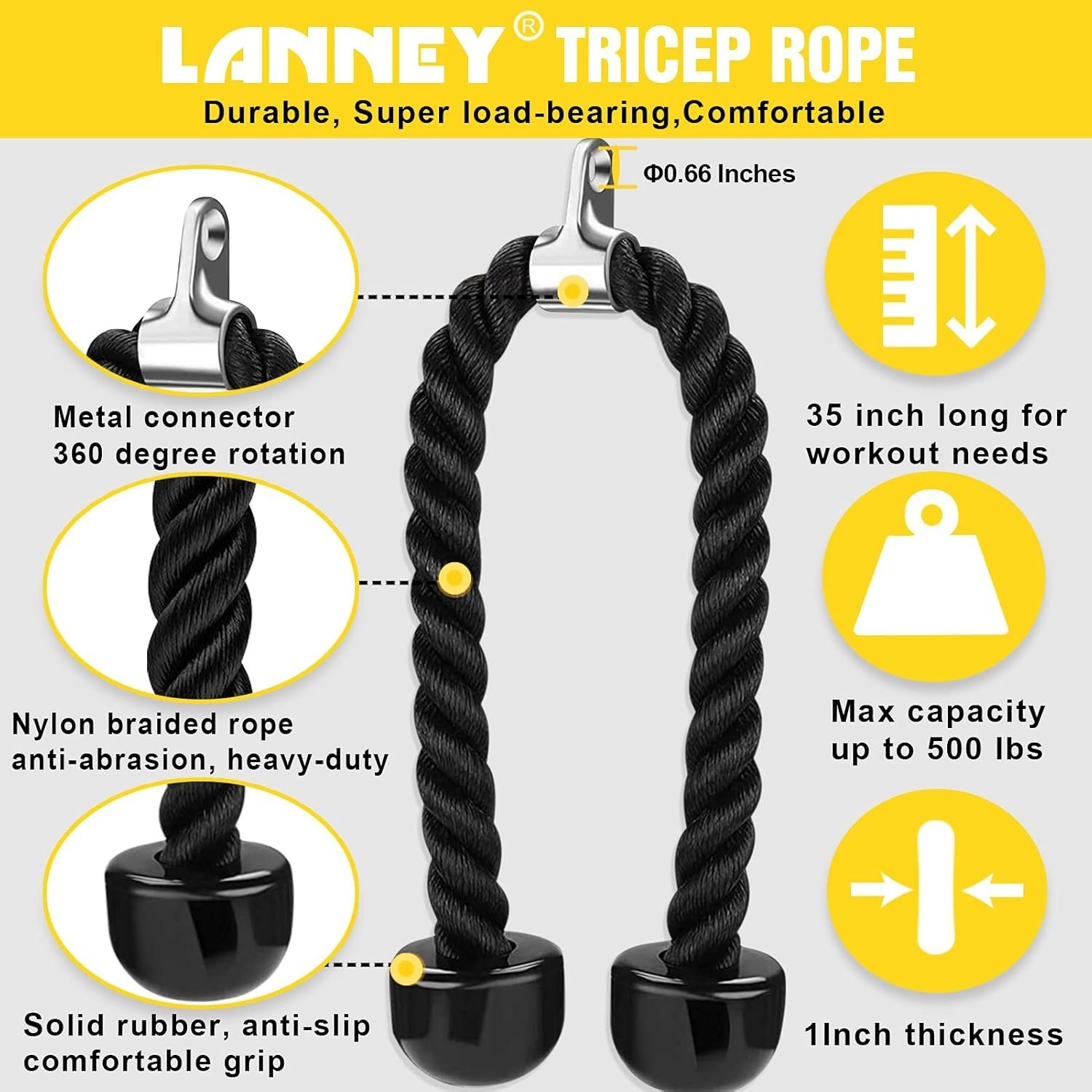, 35" Triceps Pull Down Rope LAT Pulldown Attachments, Home Gym Accessories S...