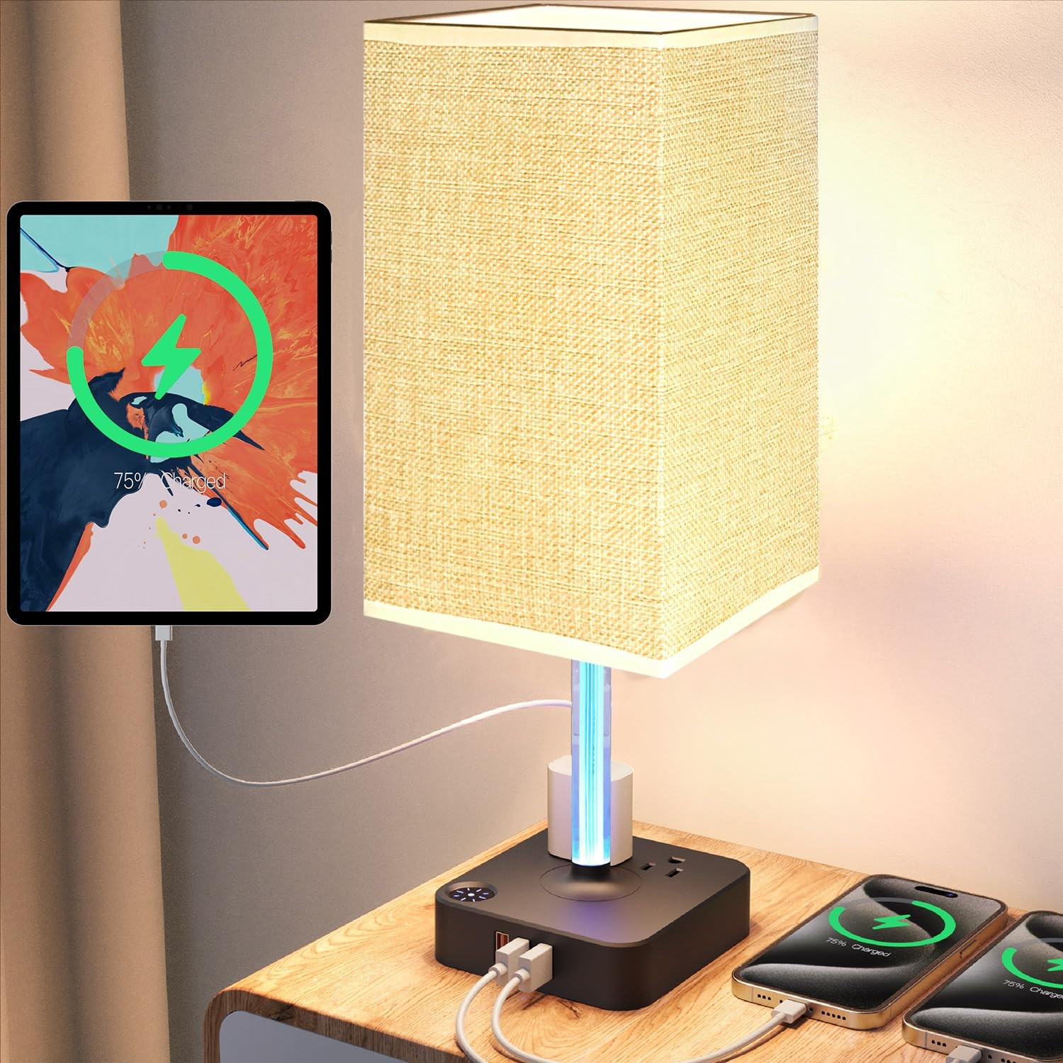 Bedside Table Lamp - Touch 3 Way Dimmable Lamp with 3 USB Charging Ports & 2 ...