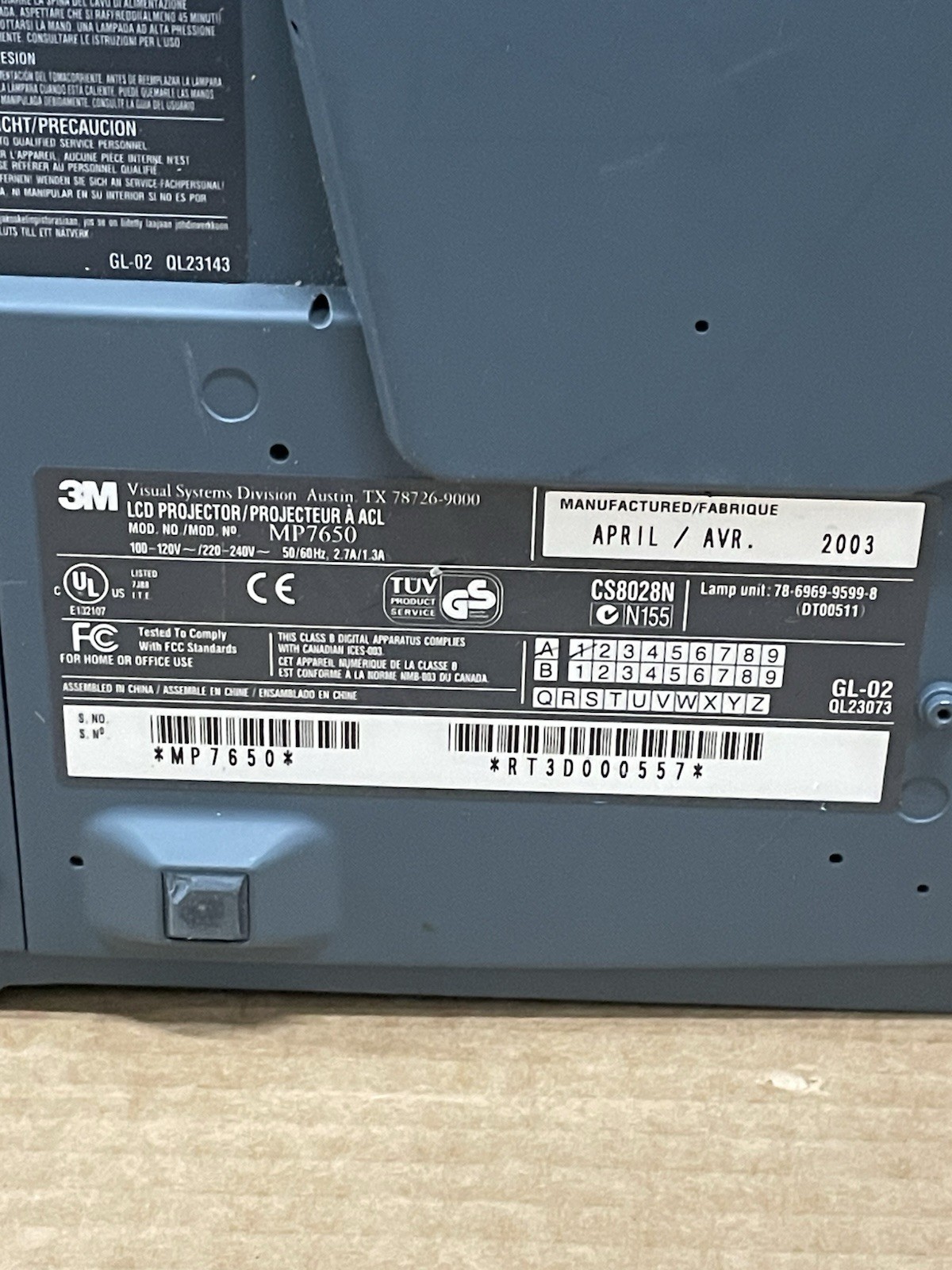 3M MP7650 Projector (Untested) No Cords