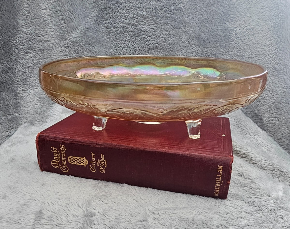 Iridescent Marigold Carnival Glass Pedestal Dish