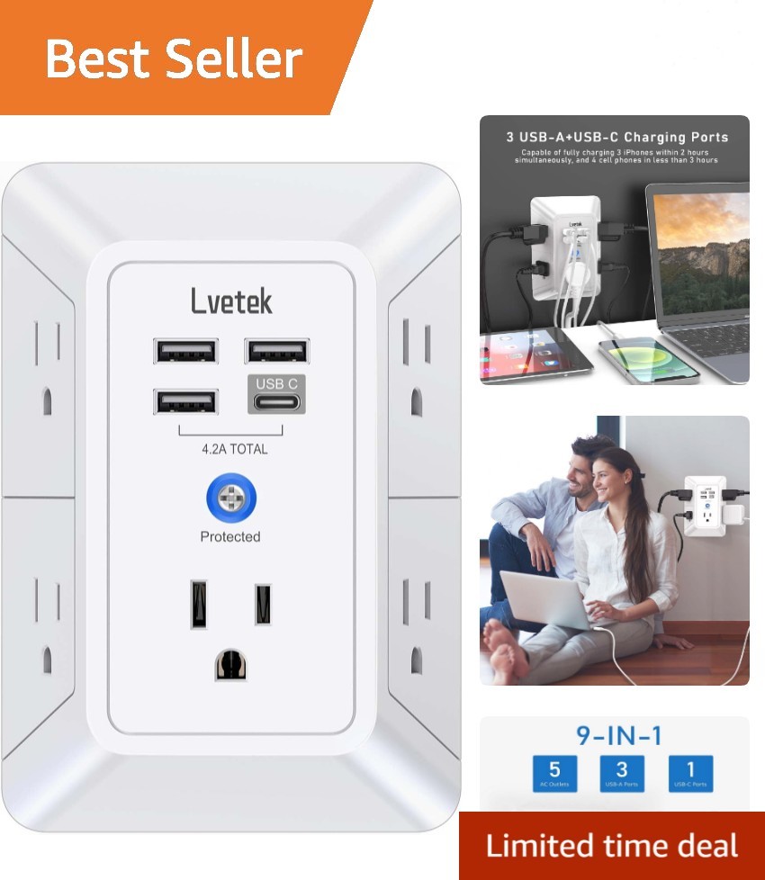 5 Outlet Power Extender with 4 USB Ports & Surge Protection -  Listed White