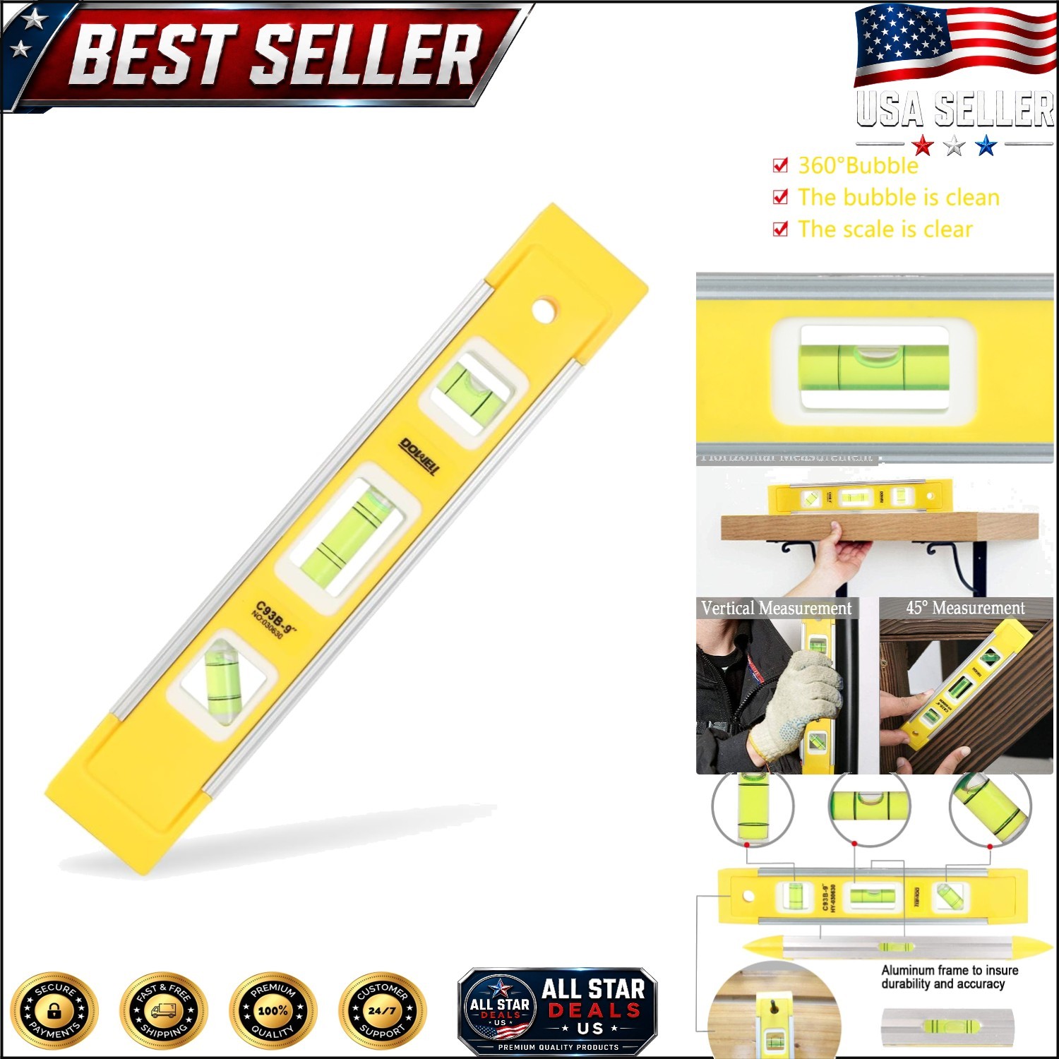 9-Inch Magnetic Torpedo Level with 3 Precision Bubbles for Accurate Measurements