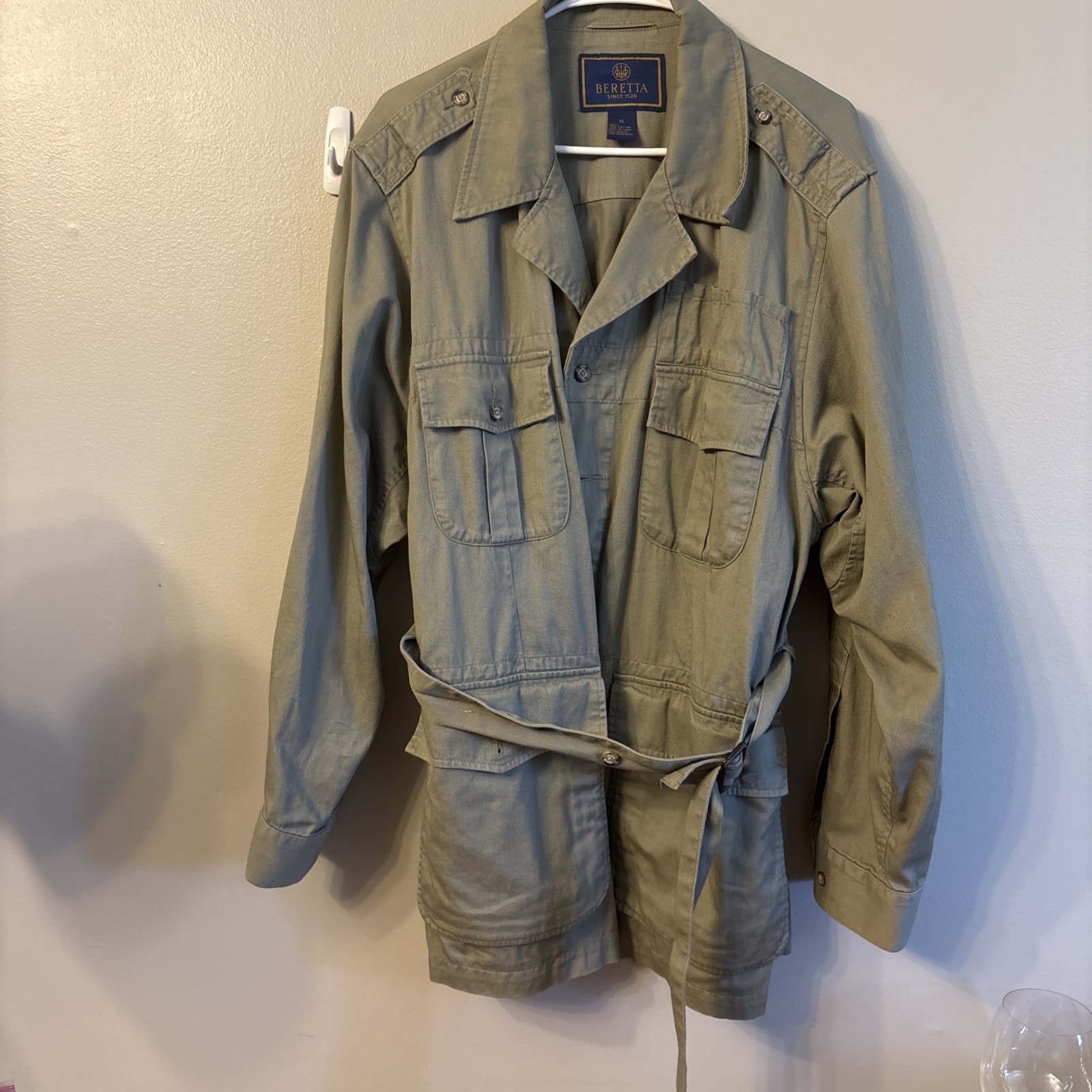 Vintage Beretta Sport Safari Hunting Field Jacket Khaki Tan Size XL Cotton