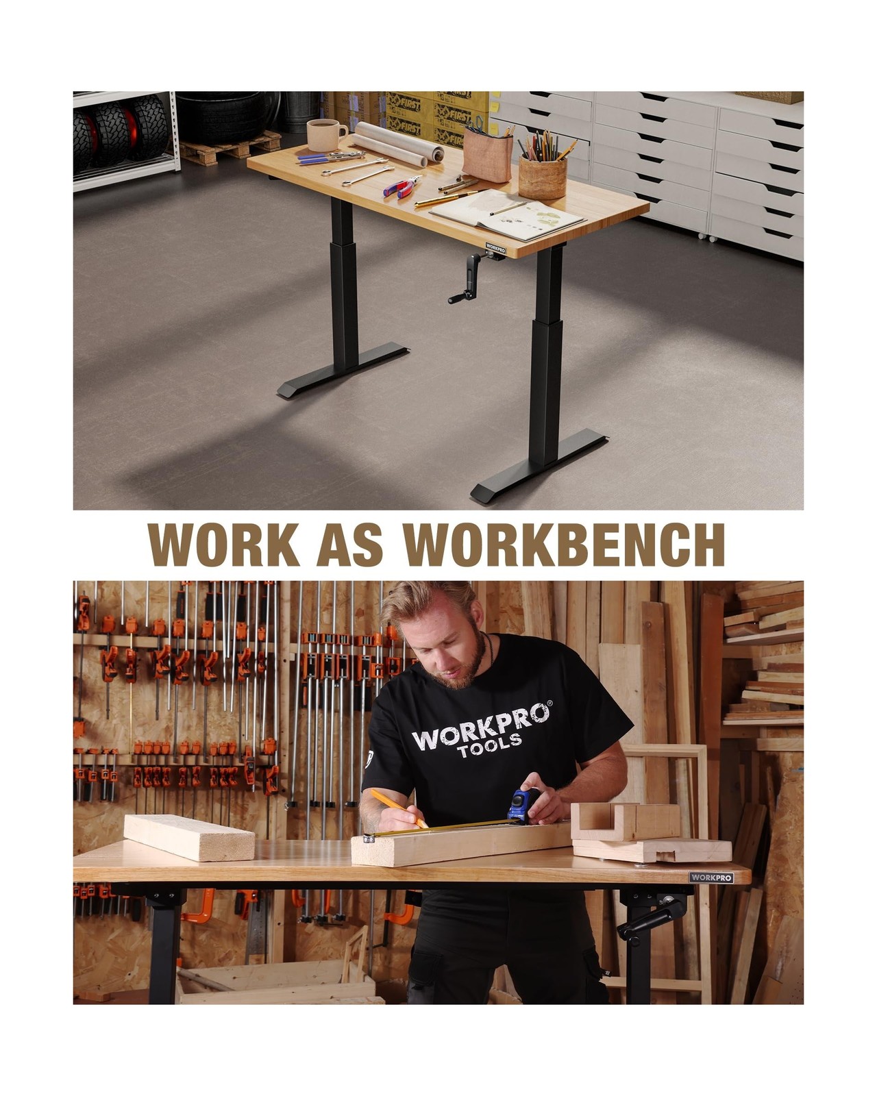 WORKPRO Adjustable Workbench with Crank Handle, 47.2" x 23.6" Rubber Wood Wor...