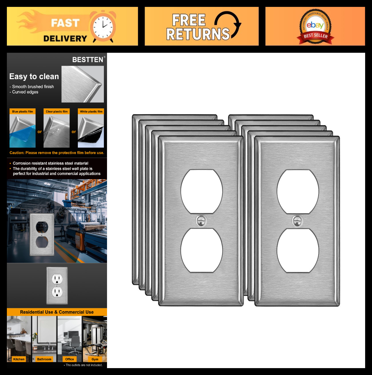 10 Pack Duplex Outlet Covers - Stainless Steel Wall Plates, Durable & Corrosion