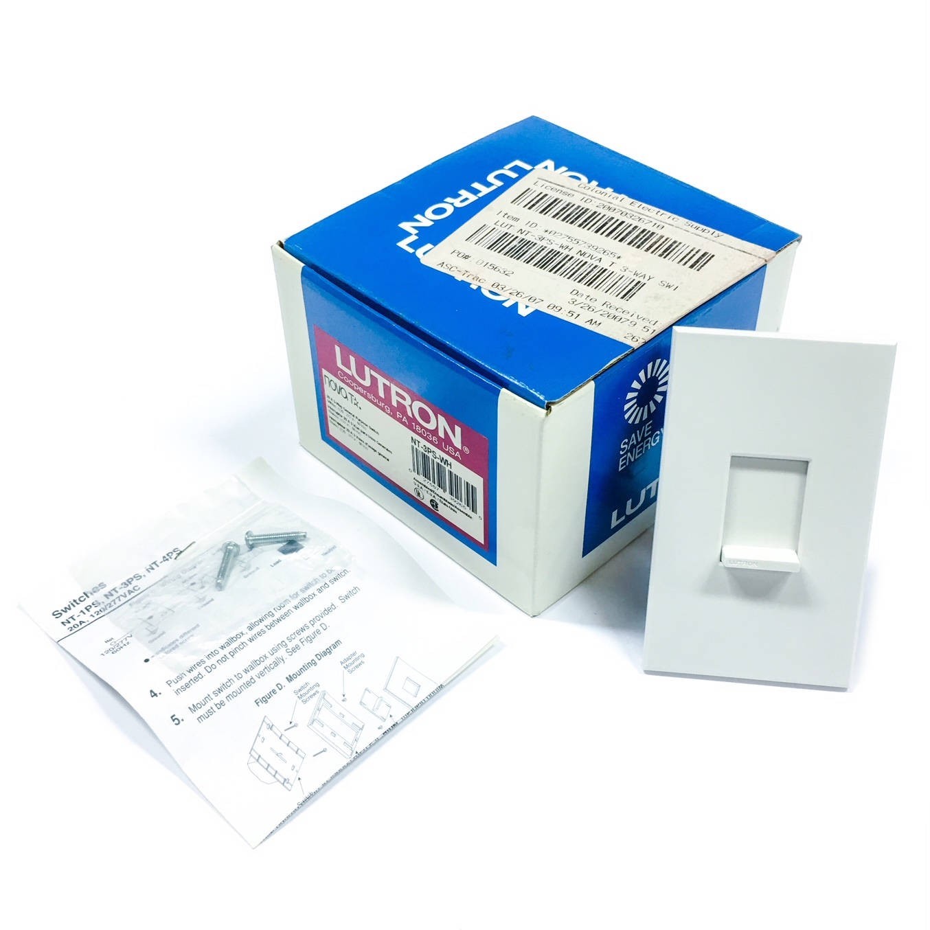 Lutron NT-3PS-WH Slide Switch, 3-Way, 20A, 120/277V, White