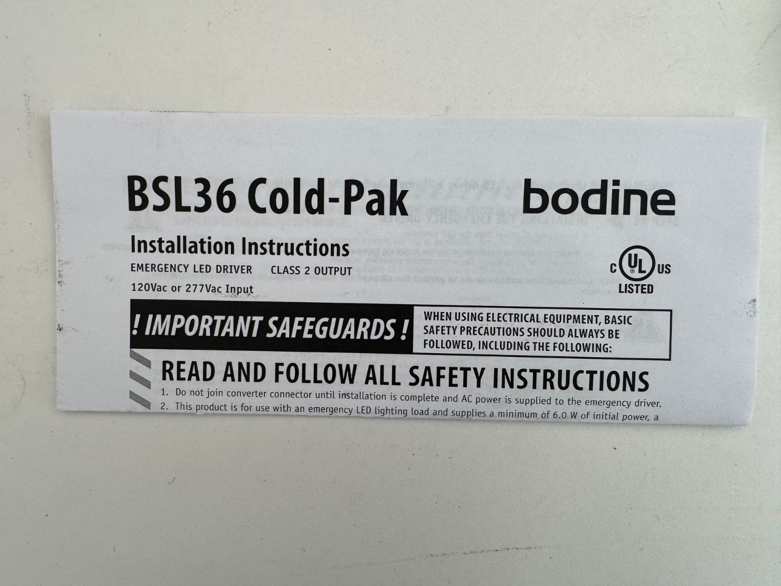 BODINE BSL36 COLD-PAK BSL36ColdITS67 Emergency LED Driver IP67 Test-Switch