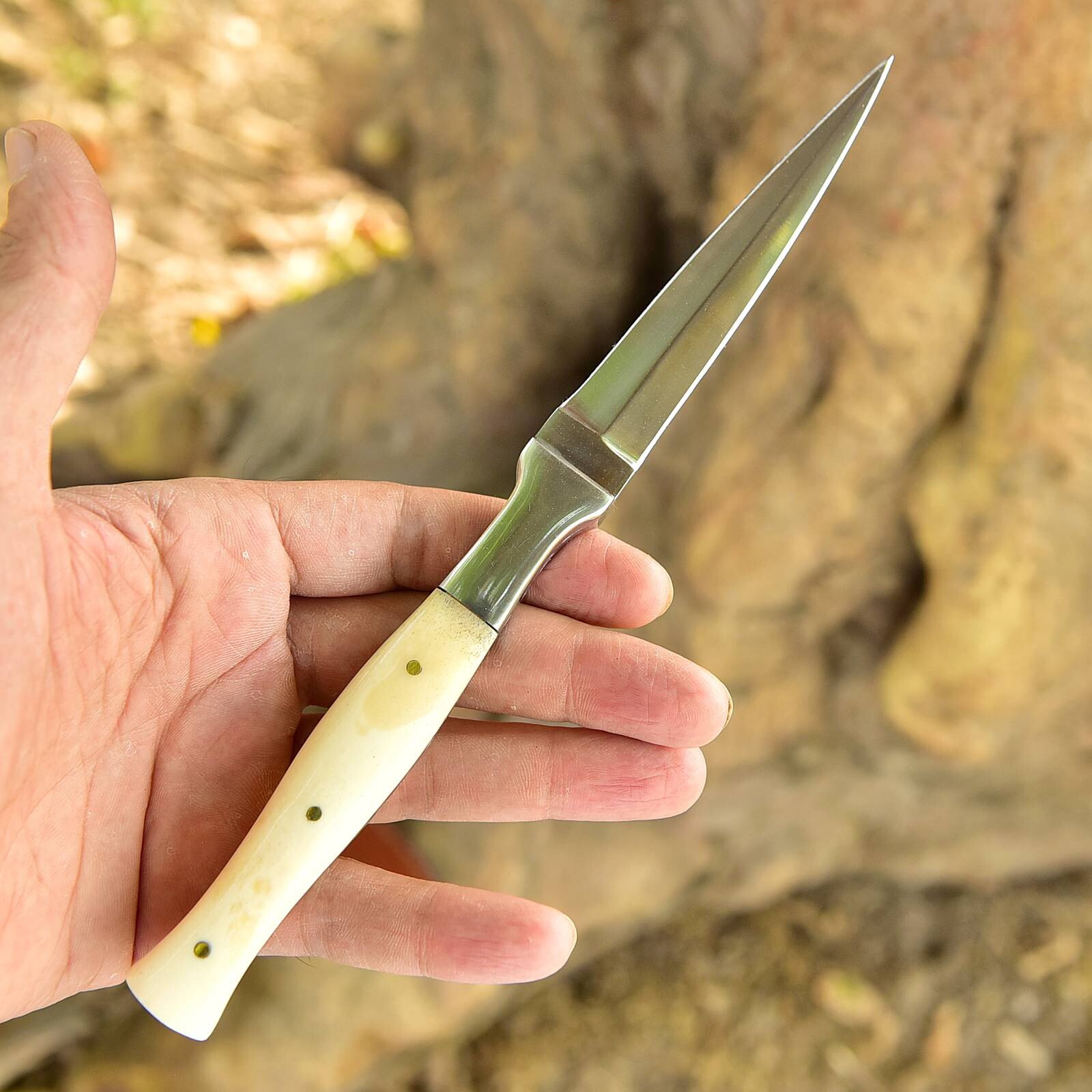 Double-Edged V42 Military Damascus steel Dagger boot Knife camel bone handle 268