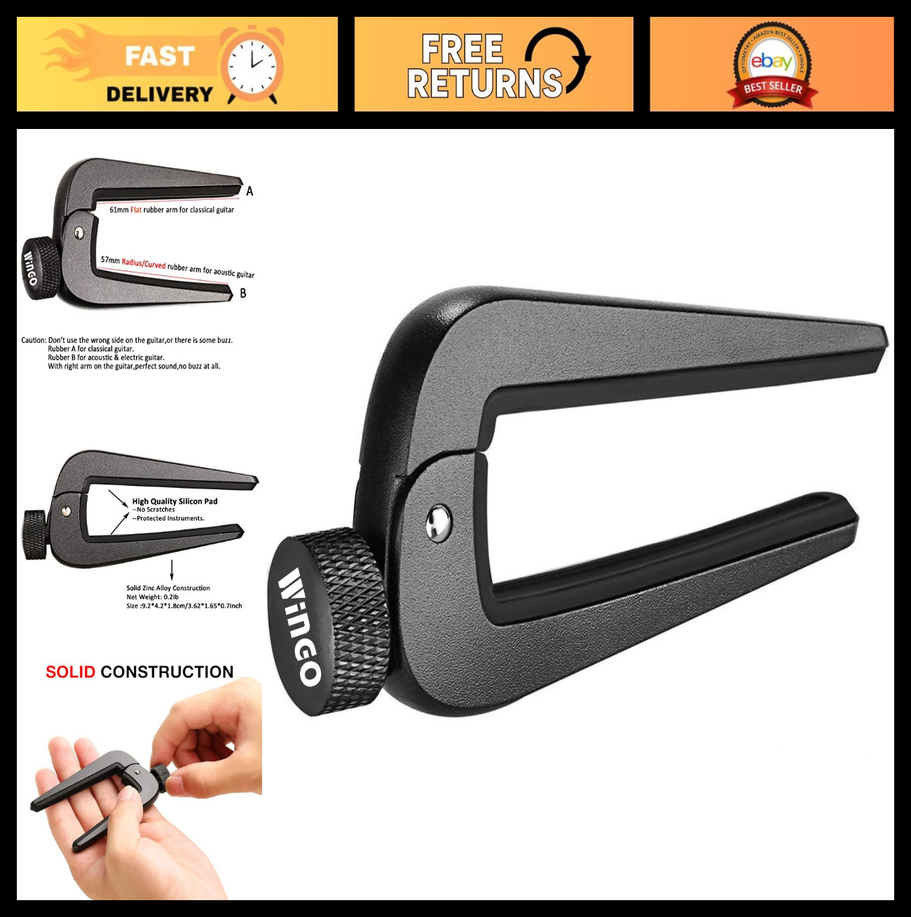 Wide Guitar Capo for Acoustic, Electric, Bass, Mandolin, Ukulele - Black
