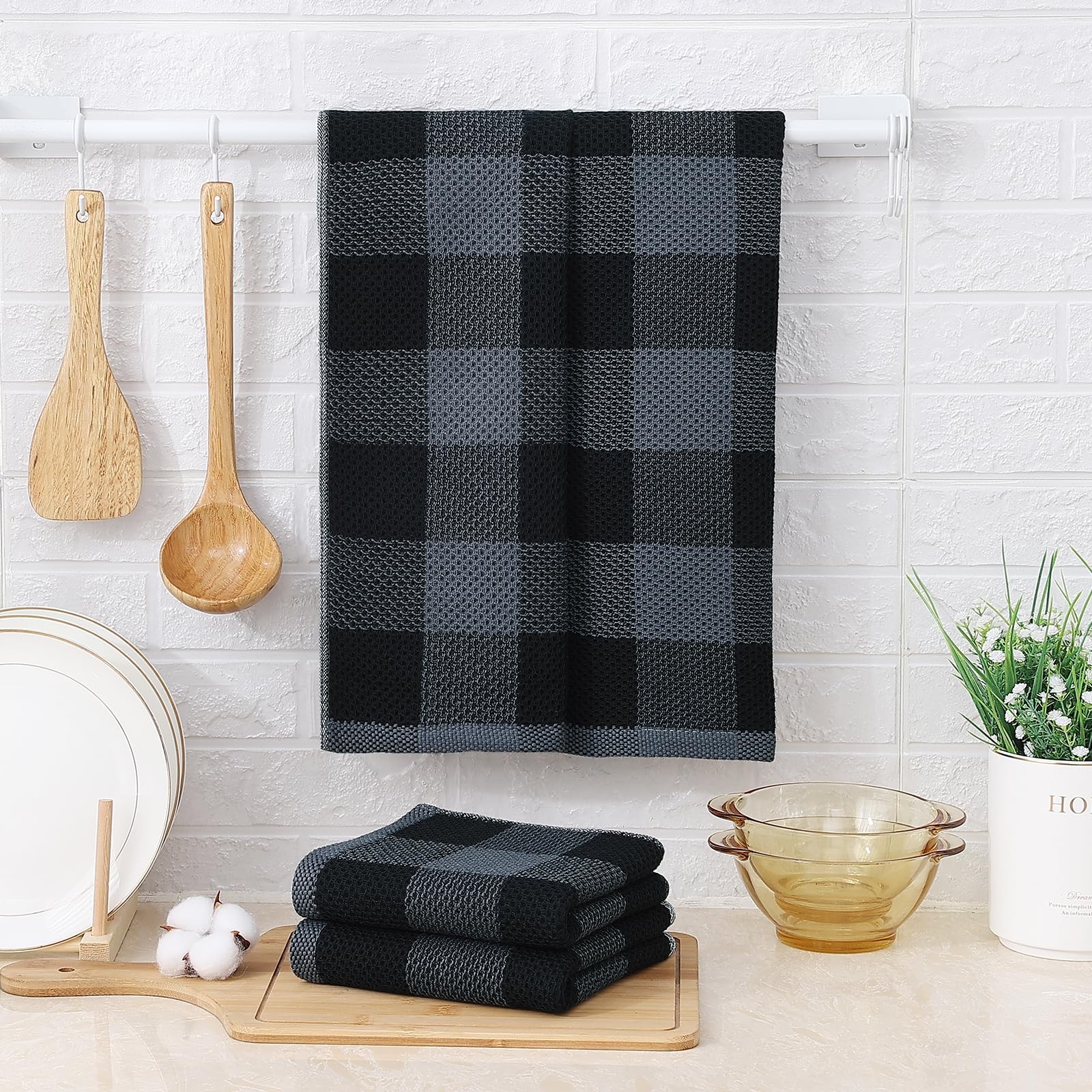 Super Soft 100% Cotton Waffle Kitchen Towels, 4-Pack, Black & Grey Check