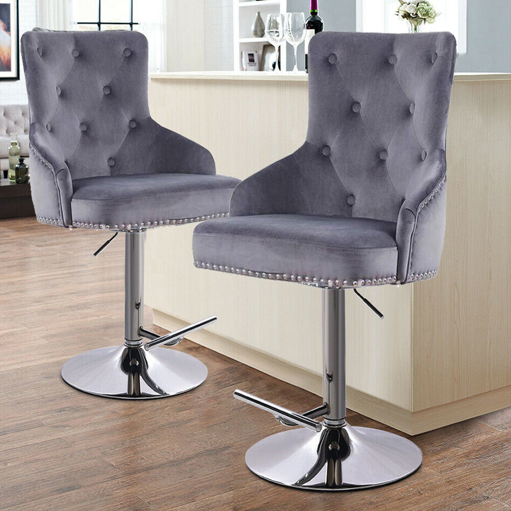 Extra Large Velvet Bar Stool Heavy Duty Adjustable Breakfast Chair w Stable Base