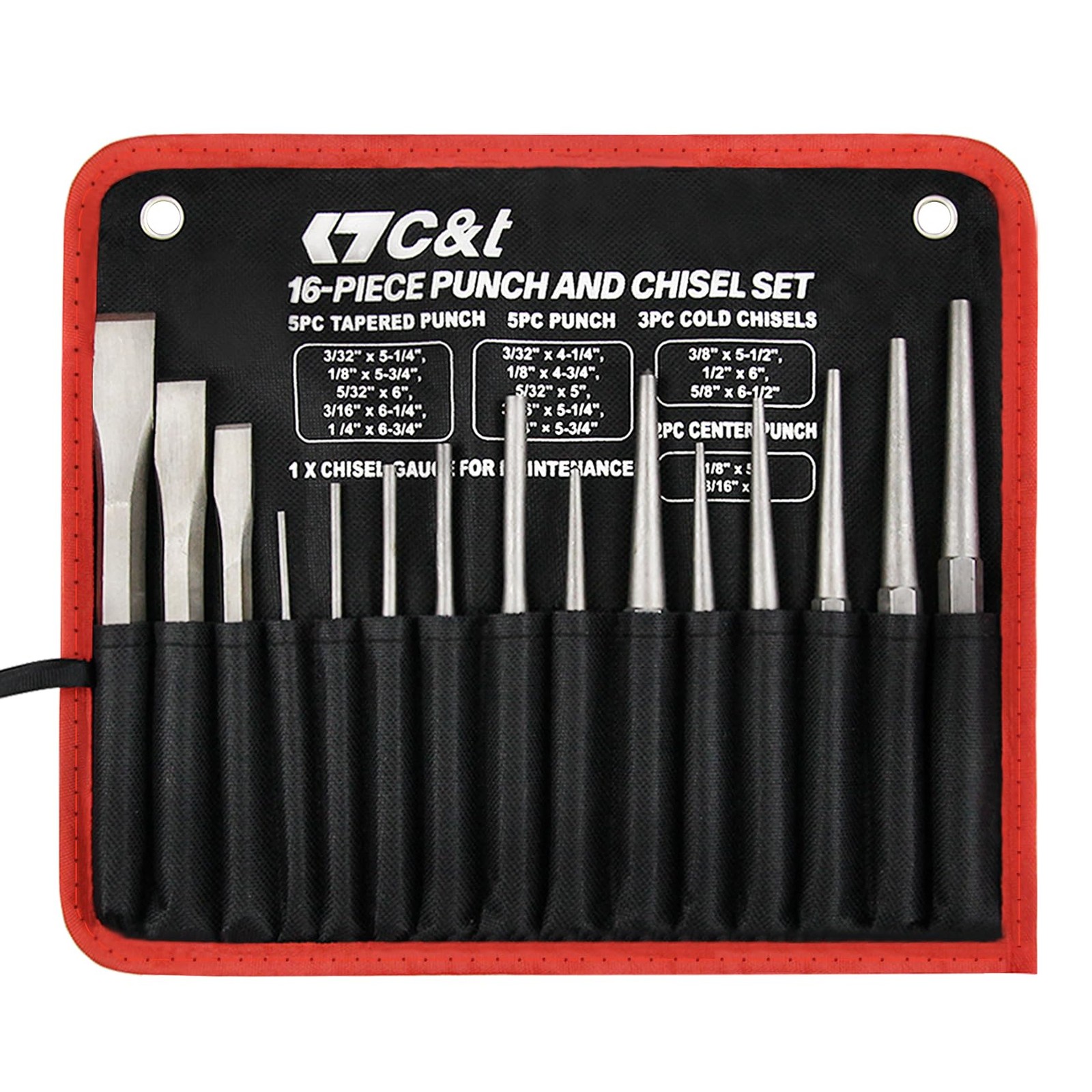 &T 16-Piece Punch and Chisel Set With Storage Pouch, Including Taper, Cold Ch...