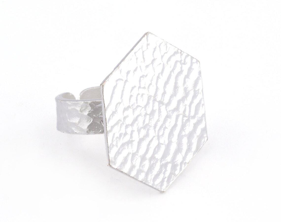 Hexagonal Hammered Adjustable Ring Blank-Shiny Silver Plated Brass 4952