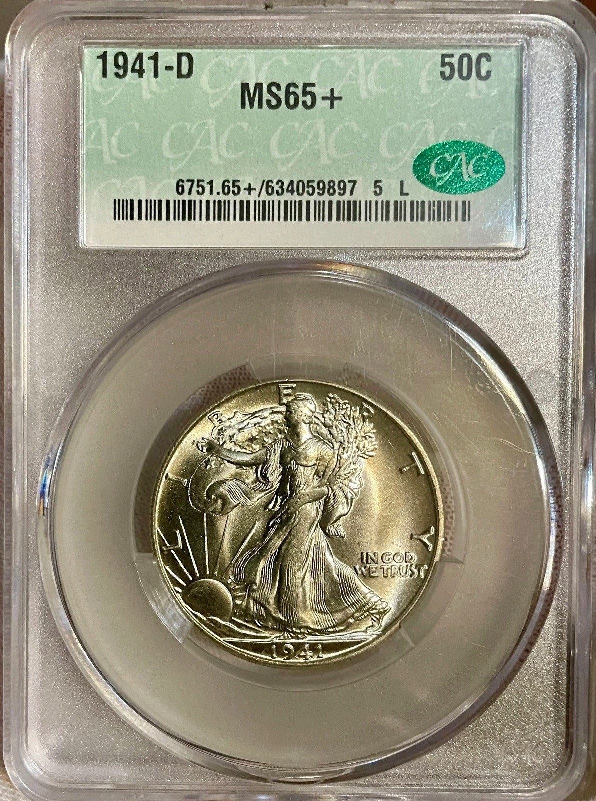 1941-D -Walking Liberty, half dollar CACG MS 65+ Beautiful Gem!