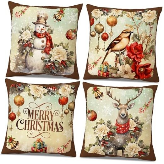 Christmas Decorations Indoor Pillow Covers 18x18 Set of 4 Snowman Deer