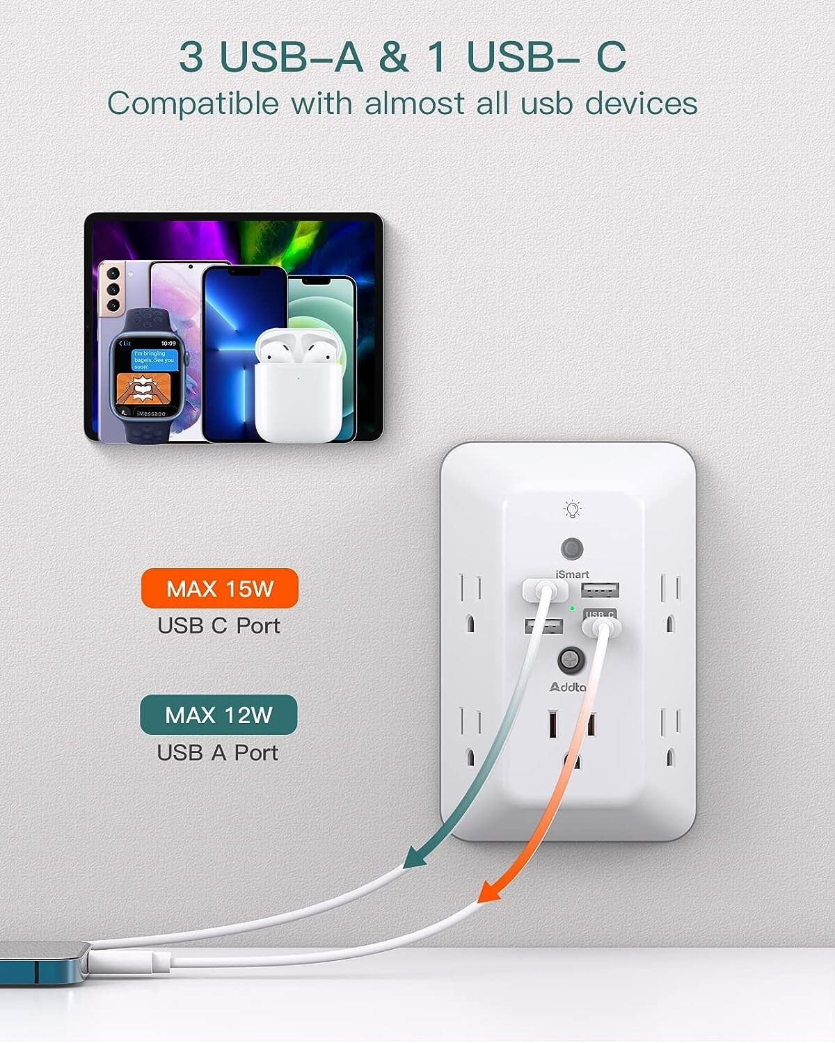 WSEASONLC Surge Protector, Outlet Extender w/Night Light Multi Plug Wall Outlet