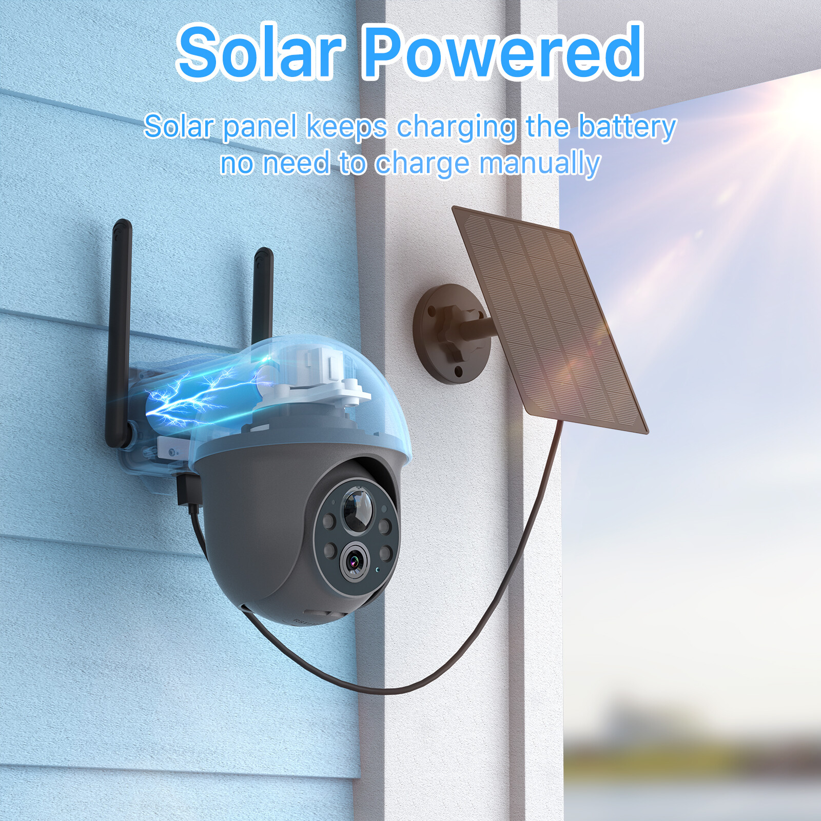 Wireless Security Camera System Solar Panel Battery 3MP PTZ 2Way Audio Outdoor