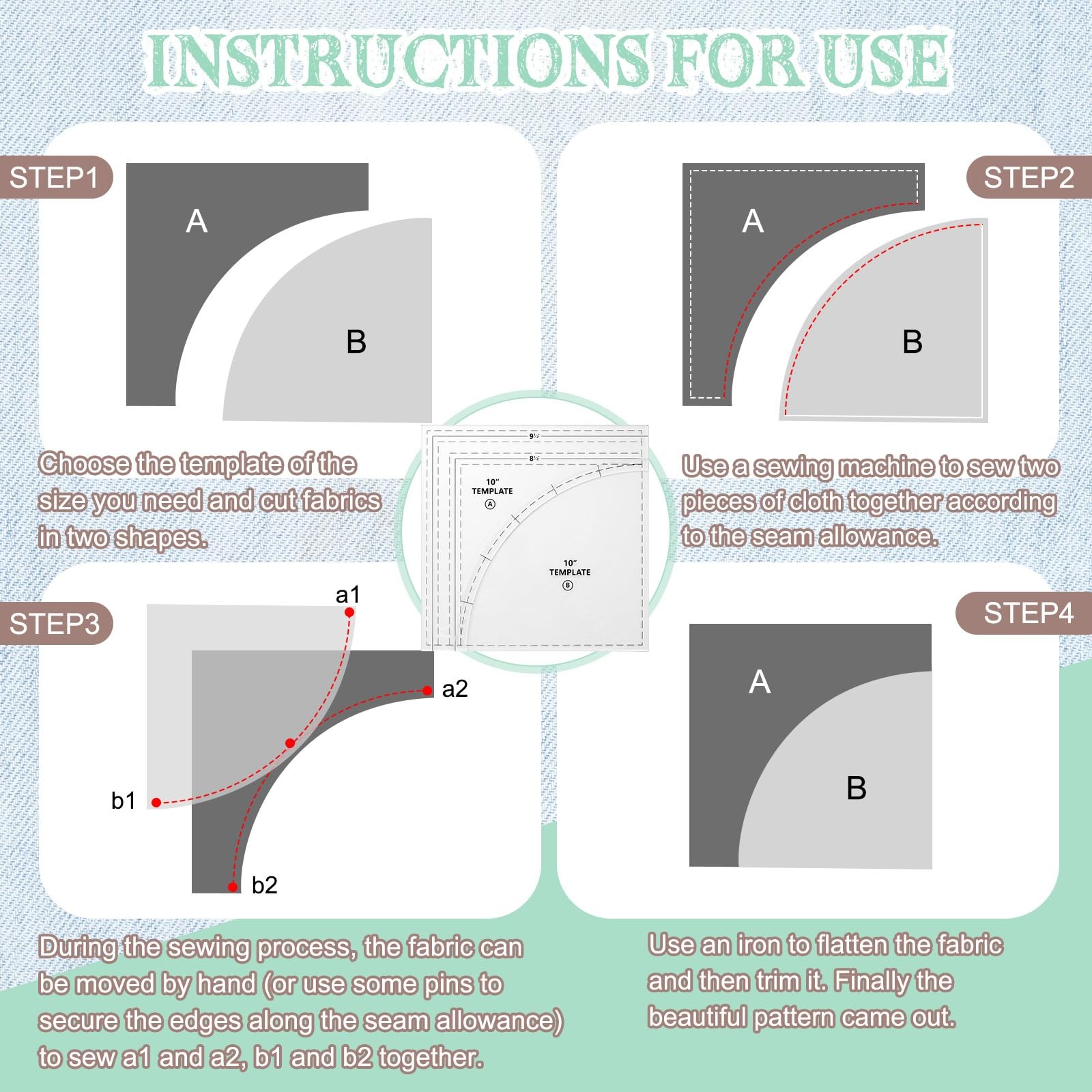 Drunkards Path Quilting Templates Set 10 8 6 Clear with 1/4 Seam