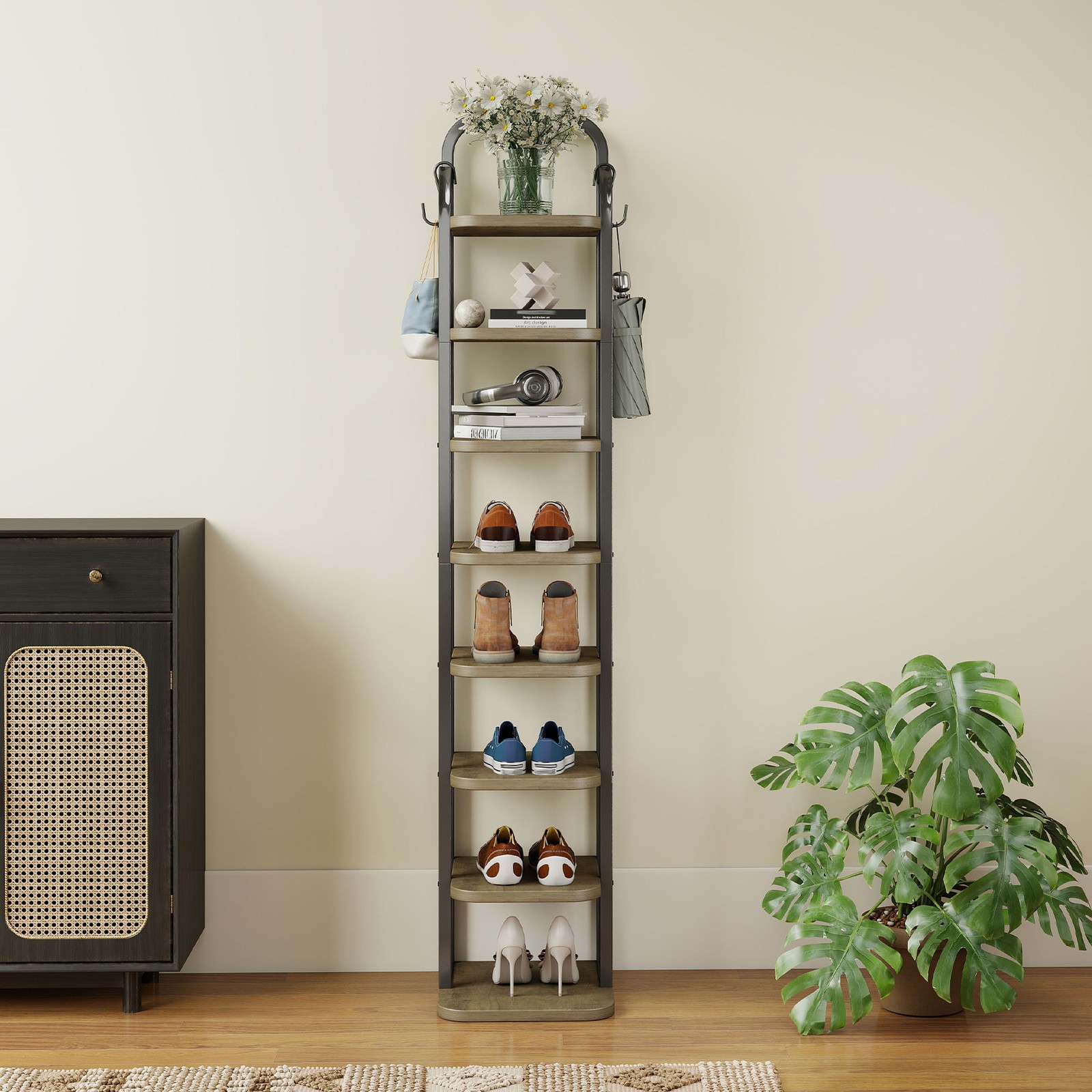 8 Tiers Vertical Shoe Rack Adjustable Shoe Shelf with 2 Hooks for Entryway